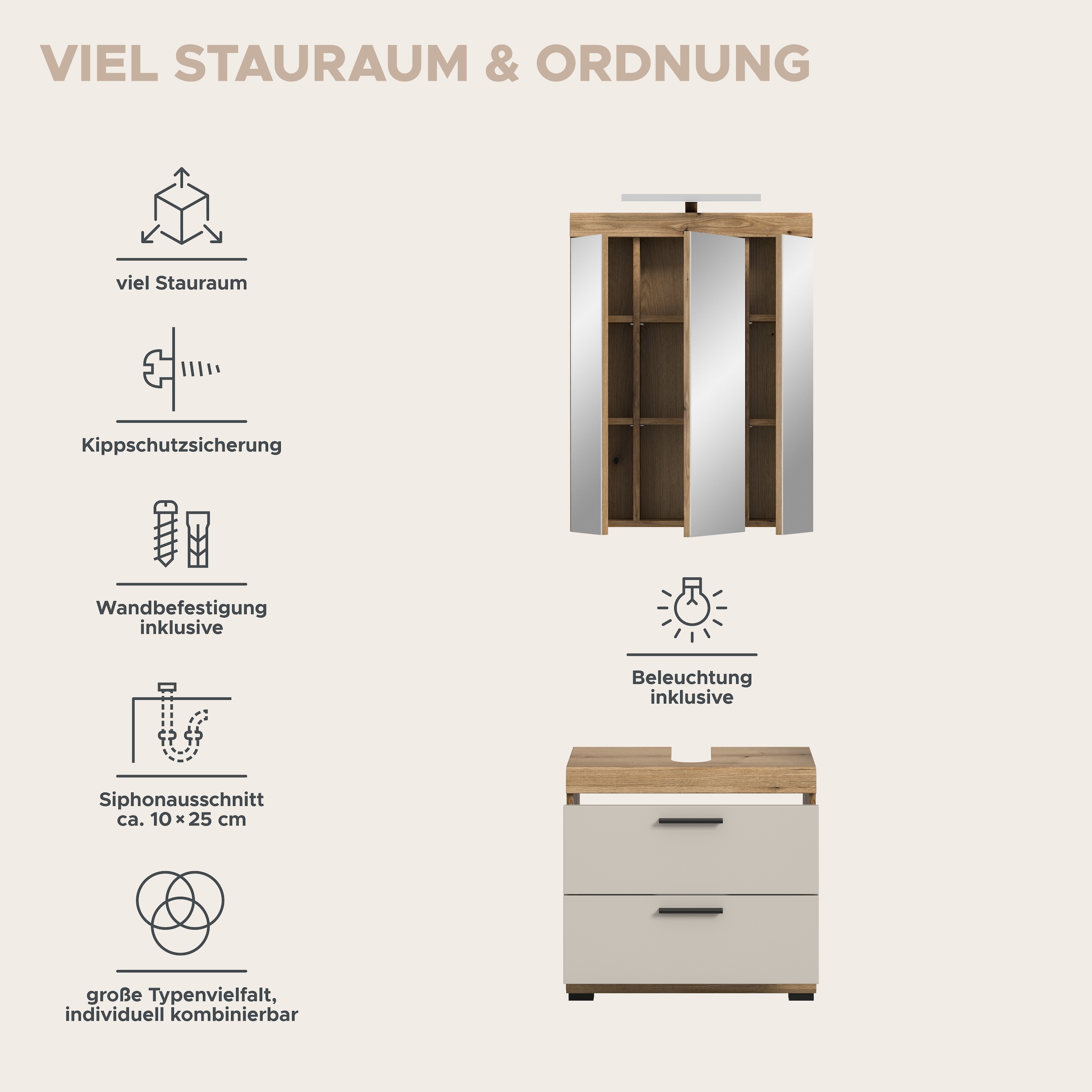 welltime Badmöbel-Set »Siena, 2 teilig, inklusive LED Beleuchtung, bestehend aus:« Set, TOPSELLER!, 