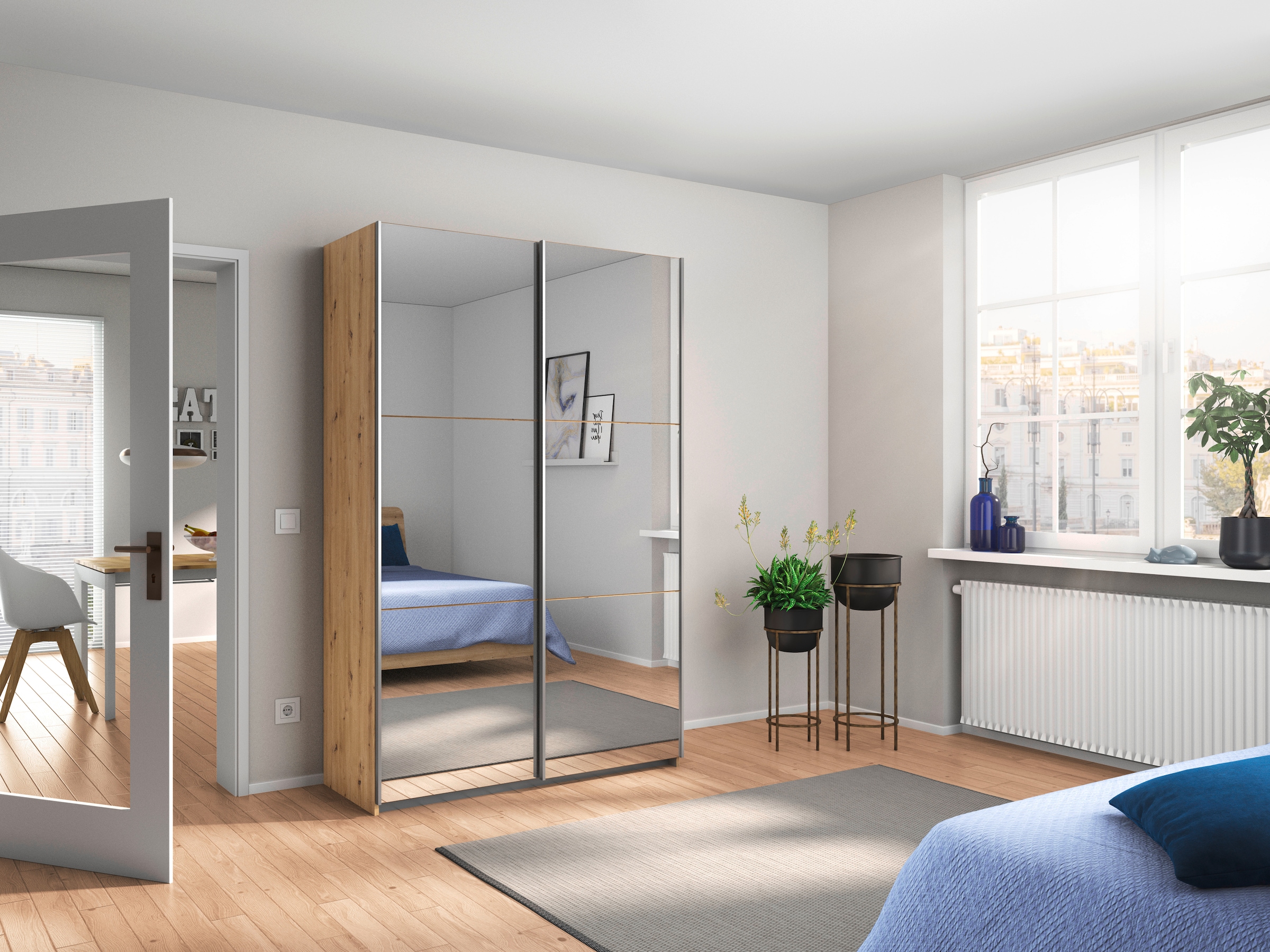 rauch Schwebetürenschrank »Kleiderschrank Schrank Garderobe REFLECT« inkl. praktischer Innenausstattung mit viel Stauraum MADE IN GERMANY