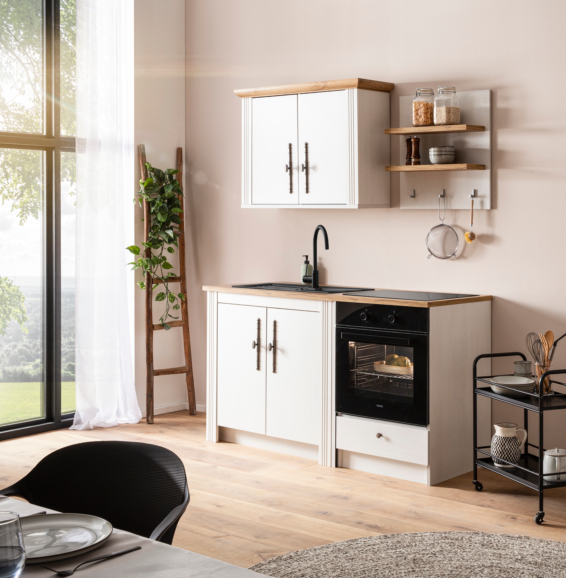 GOODproduct Küchenzeile »KS-Westminster, Pantryküche im Landhaus Stil, hochwertige Metallgriffe« Set,  Breite 164 cm, Kommode, Wandpaneel, Hängeschrank und Herdumbau