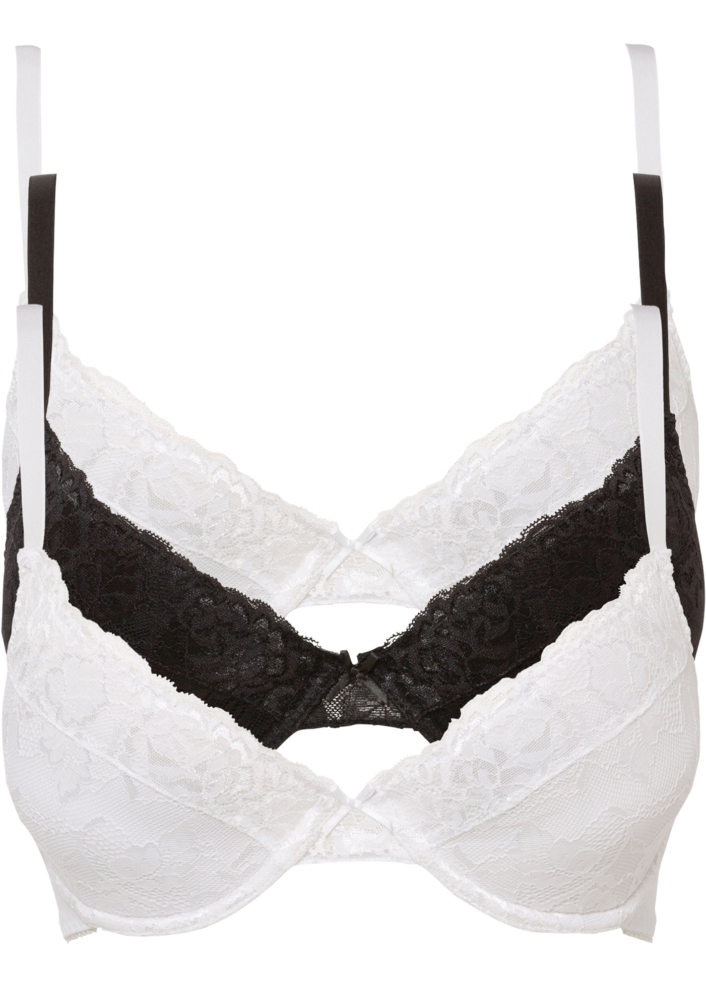 bonprix Soutien-gorge push-up »Push-up-BH mit feiner Spitze (3er Pack)« Paquet, lot de 3, 3 Cups légèrement rembourrés, fine dentelle intégrale, doublure coton