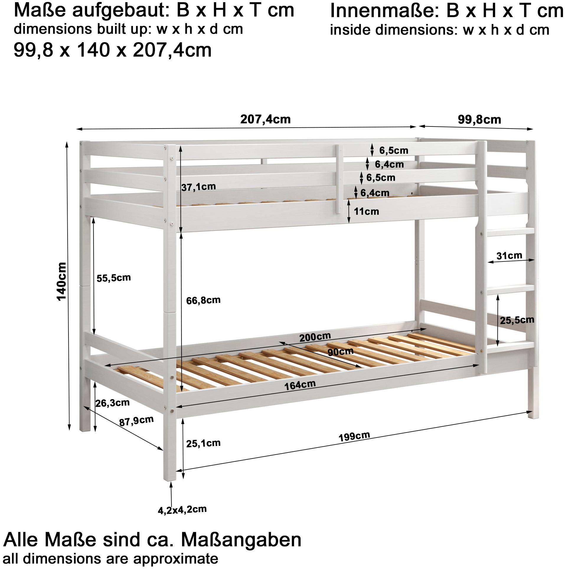 Lüttenhütt Etagenbett »Mora Bett Kinderbett Leiterbett Stockbett Holzbett Bestseller« 1 Stk. tlg. Teilbares Etagenbett aus Massivholz - (B/T/H): 100/208/140 cm Hochbett