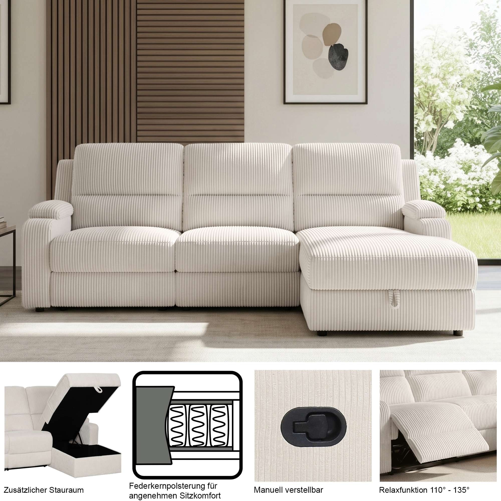 GOODproduct Canapé d'angle »NAPORI Kunstleder, Multimediasofa, L-Form« fonction relax manuelle ou électrique, USB-A pour la version électrique, coffre de rangement
