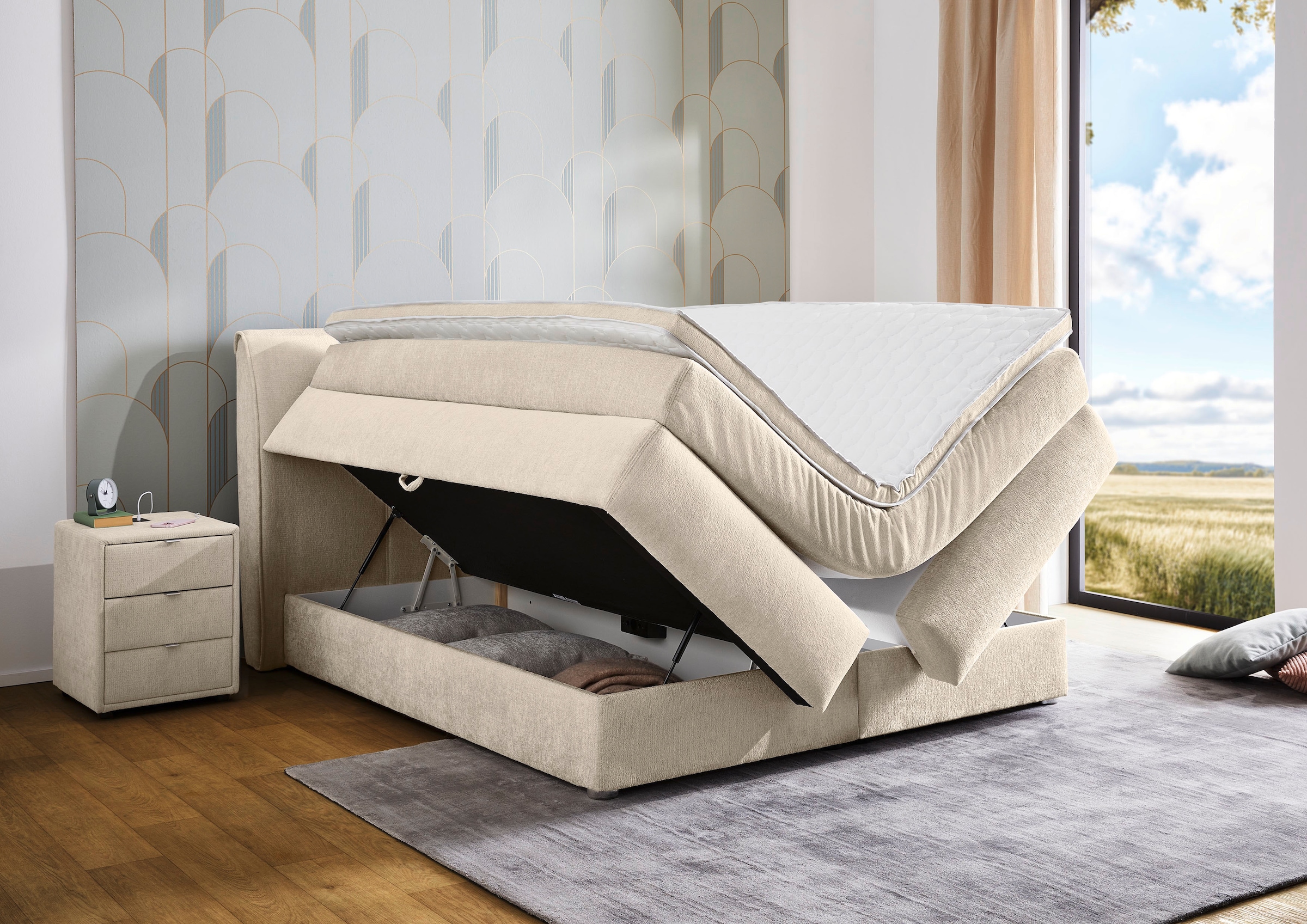 Jockenhöfer Gruppe Lit boxspring »Caren, Breite 180cm, mit grossem Bettkasten/Stauraum« matelas TTFK 7 zones, surmatelas KS, différentes fermetés au choix