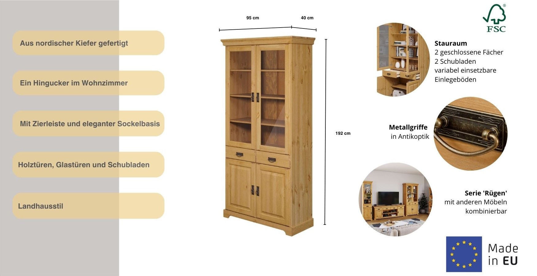 Home affaire Vitrine »Rügen« zertifiziertes Massivholz, Höhe 192 cm, im Landhausstil