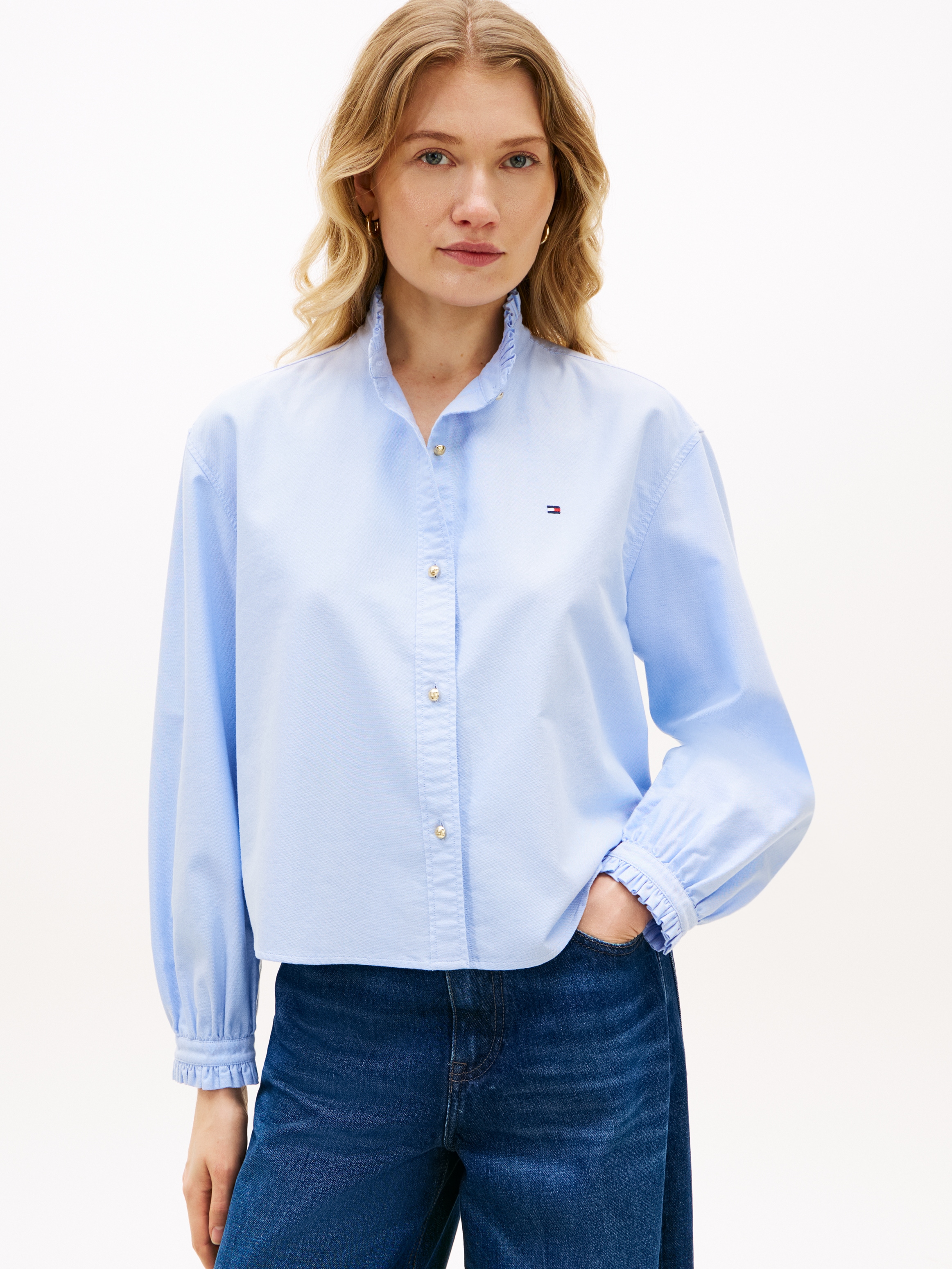 Tommy Hilfiger Langarmbluse »OXFORD CROP RUFFLE LS SHIRT« mit Rüschen-Details, boxy