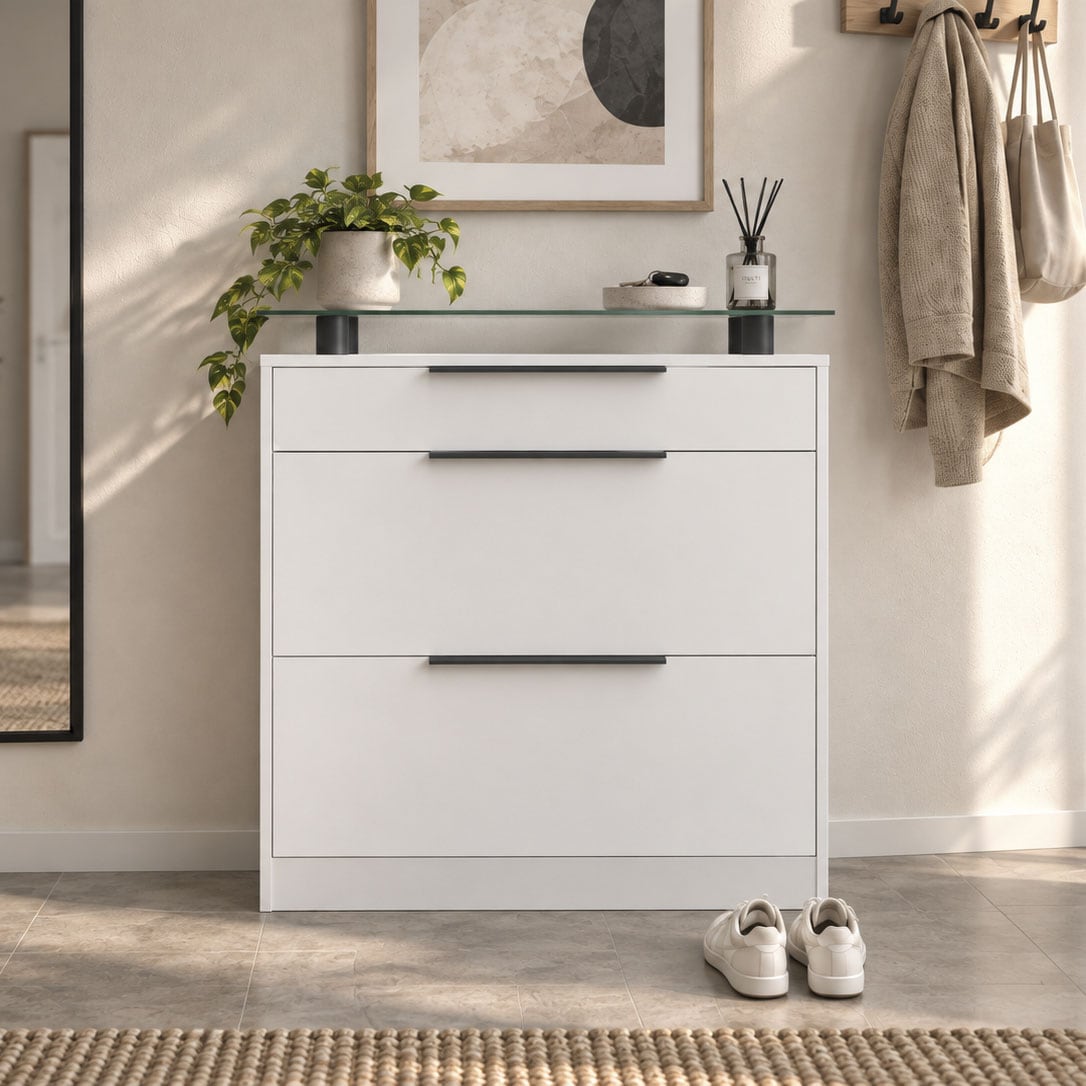 borchardt Möbel Armoire à chaussures »Tom, Schuhkipper mit Glasablage und Metallgriffen« Avec 2 rabats, derrière 4 compartiments et 1 tiroir