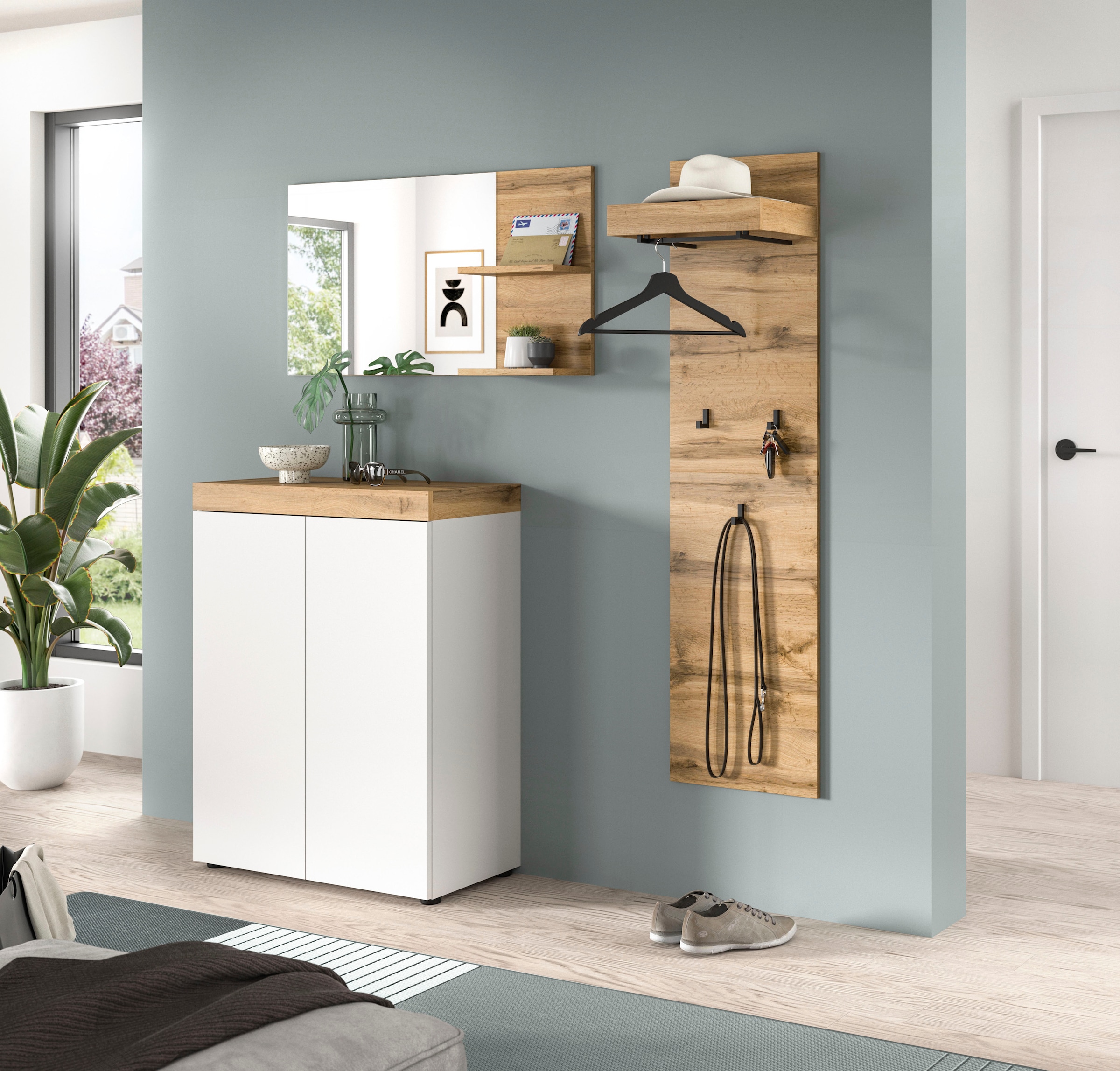 GOODproduct Ensemble de vestiaires »MAMBO, TOPSELLER!, 3-teilige Kombination, stehend & hängend montierbar« bestehend aus: Kommode, Spiegel, Garderobenpaneel, 3 cuis tlg.