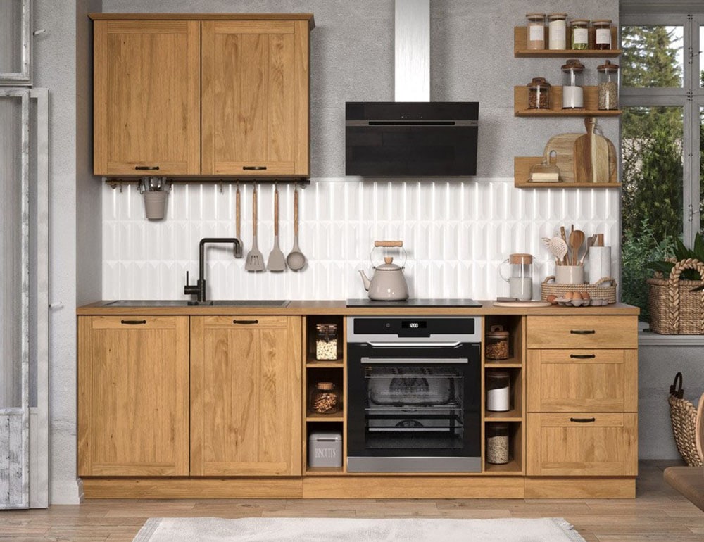 Home affaire Kitchenette »Teramo« Set, Kombinierbar mit anderen Möbelstücken der Serie Teramo,  Breite 250 cm, Kiefer massiv, mit Arbeitsplatte
