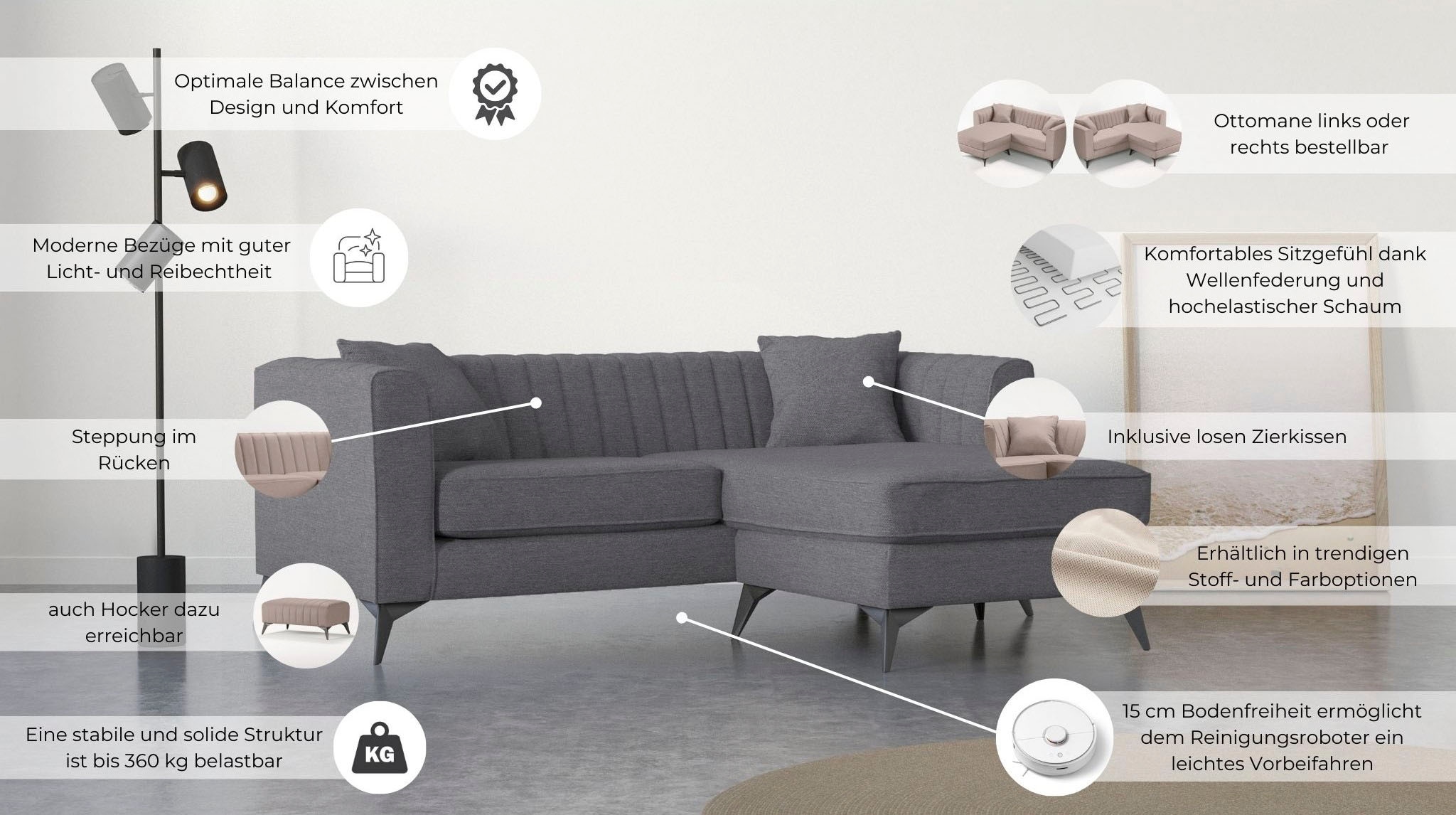 PLACES OF STYLE Ecksofa »MATTHEW L-Form ideal für kleine Räume, Masse B/T/H: 201/162/74 cm« elegantes Designsofa, feine Steppung im Rücken, incl. Zierkissen