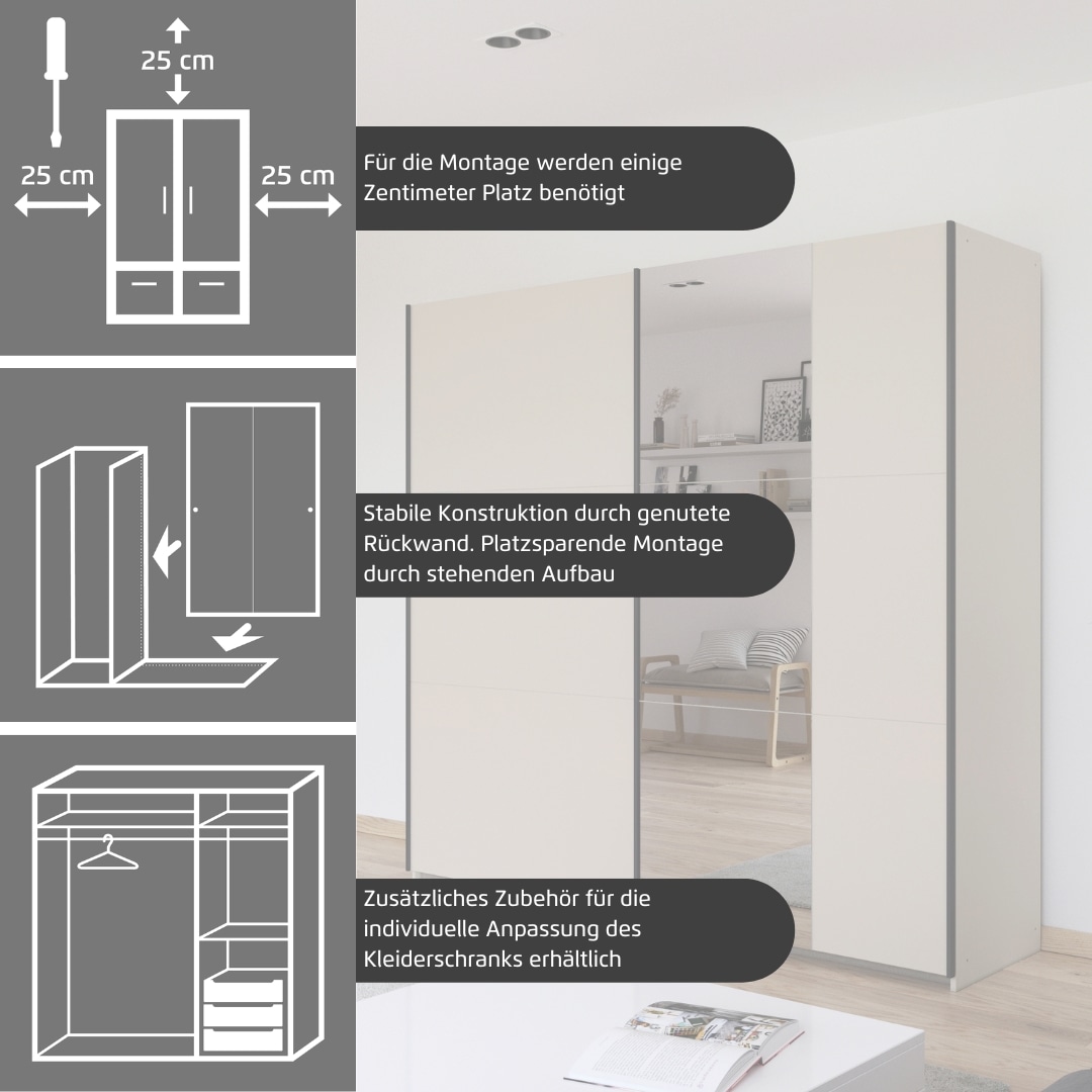rauch Schwebetürenschrank »Kleiderschrank Drehtürenschrank Schrank Garderobe KRONACH« in 3 Ausstattungen BASIC/CLASSIC/PREMIUM, Breiten 131/175/218/261 cm,  optional ohne, mit 1 oder 2 Spiegel, viel Stauraum MADE IN GERMANY