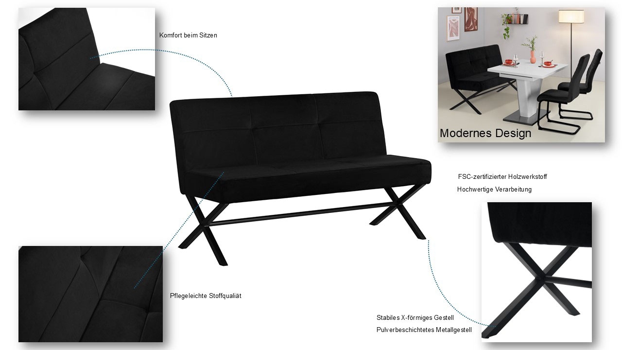 GOODproduct Banc rembourré »Narzisse« Banquette de salle à manger, banc, banquette,  Structure en X en métal noir, velours facile d'entretien, 140 cm
