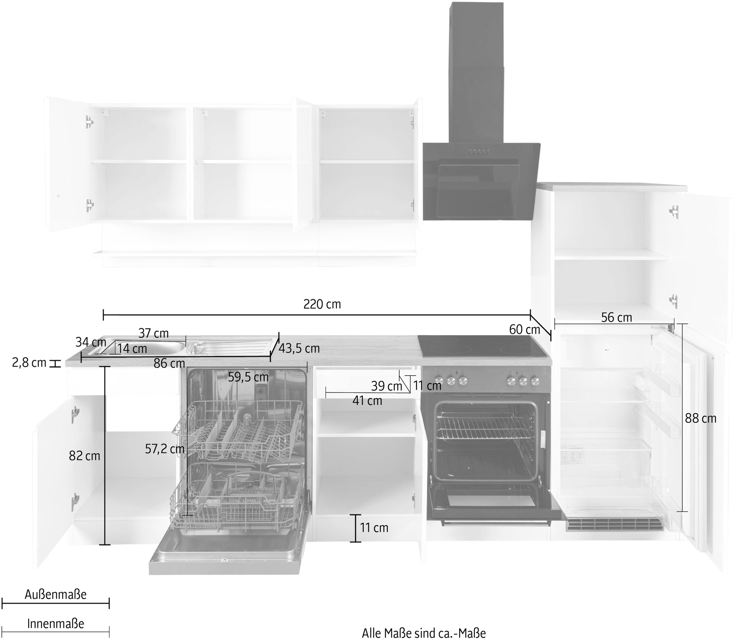 KOCHSTATION Kitchenette »KS-Virginia,neu in verbesserter Ausführung« plan de travail épaisseur 38 mm, rangement, fermeture douce,  Largeur 280 cm, fermeture douce, avec ou sans appareils électriques