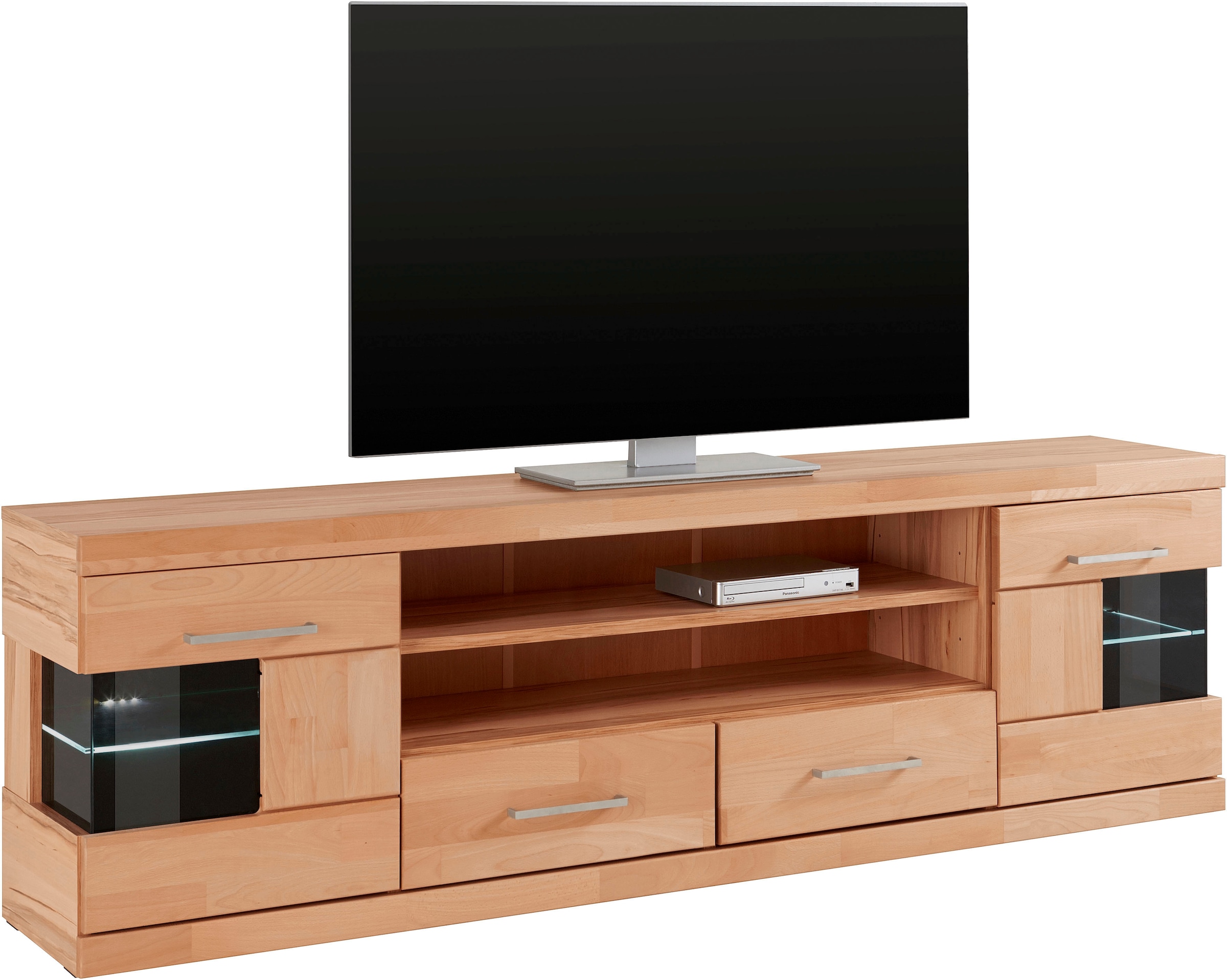 GOODproduct Table basse »Ribe,180cm breit, Fronten Massivholz,6 Fächer,Kabeldurchführung« Korpus Holzwerkstoff,Glaseinsatz aus gehärtetem Glas,Böden versetzbar