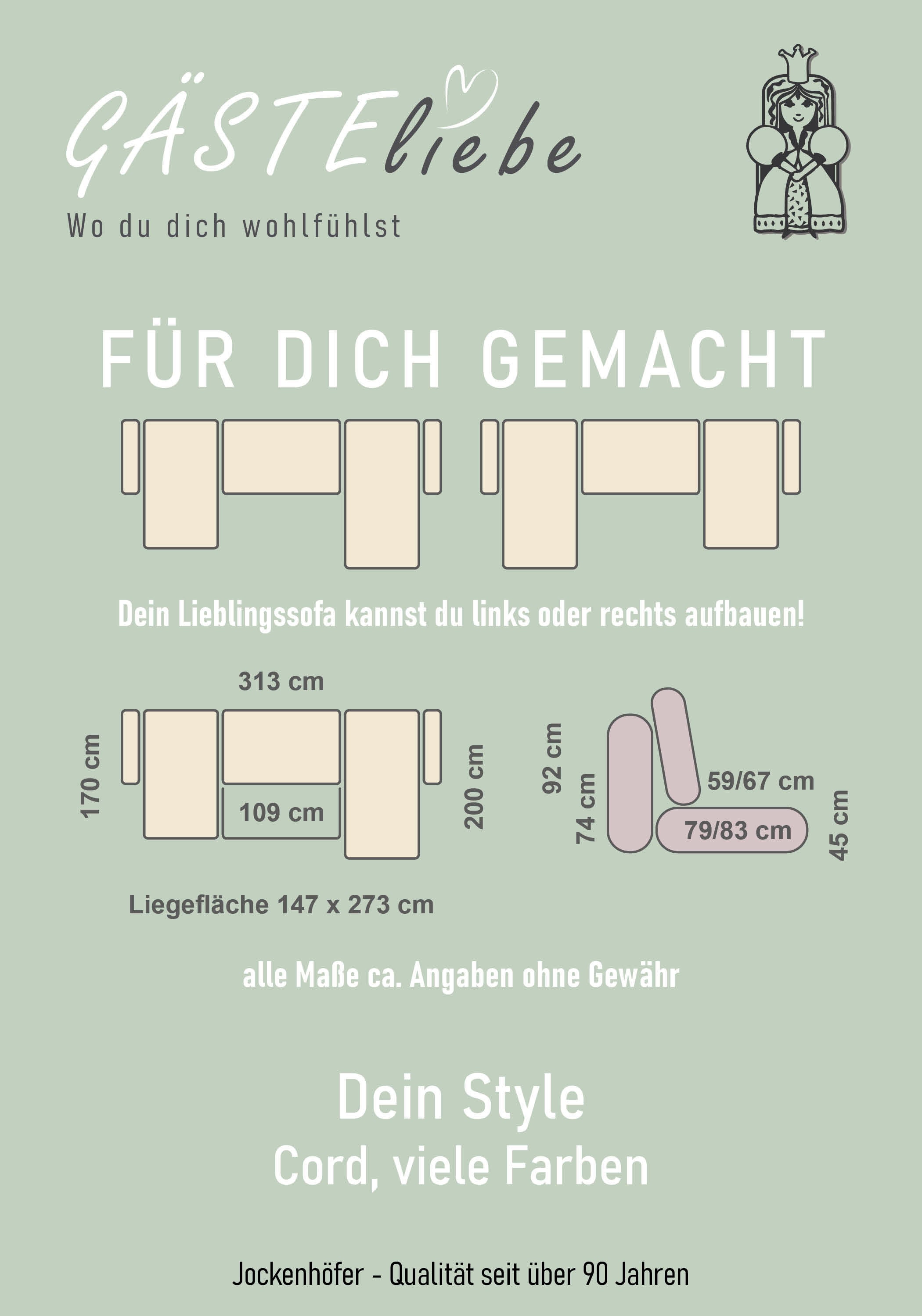 Jockenhöfer Gruppe Wohnlandschaft »Abby U-Form, B: 313 cm, inkl. Schlaffunktion« inkl Bettkasten,  grosse Liegefläche 273x147cm, Massivholz Füsse