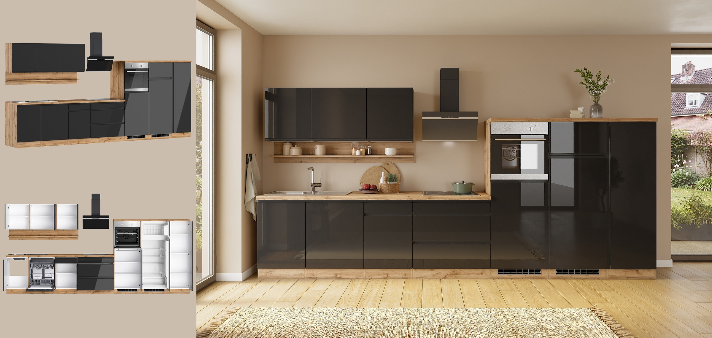 KOCHSTATION Küchenzeile »KS-Virginia,neu in verbesserter Ausführung« Arbeitsplatte 38 mm stark, Stauraum, Softclose,  Breite 410 cm, Softclose, wahlweise mit E-Geräten und Induktion