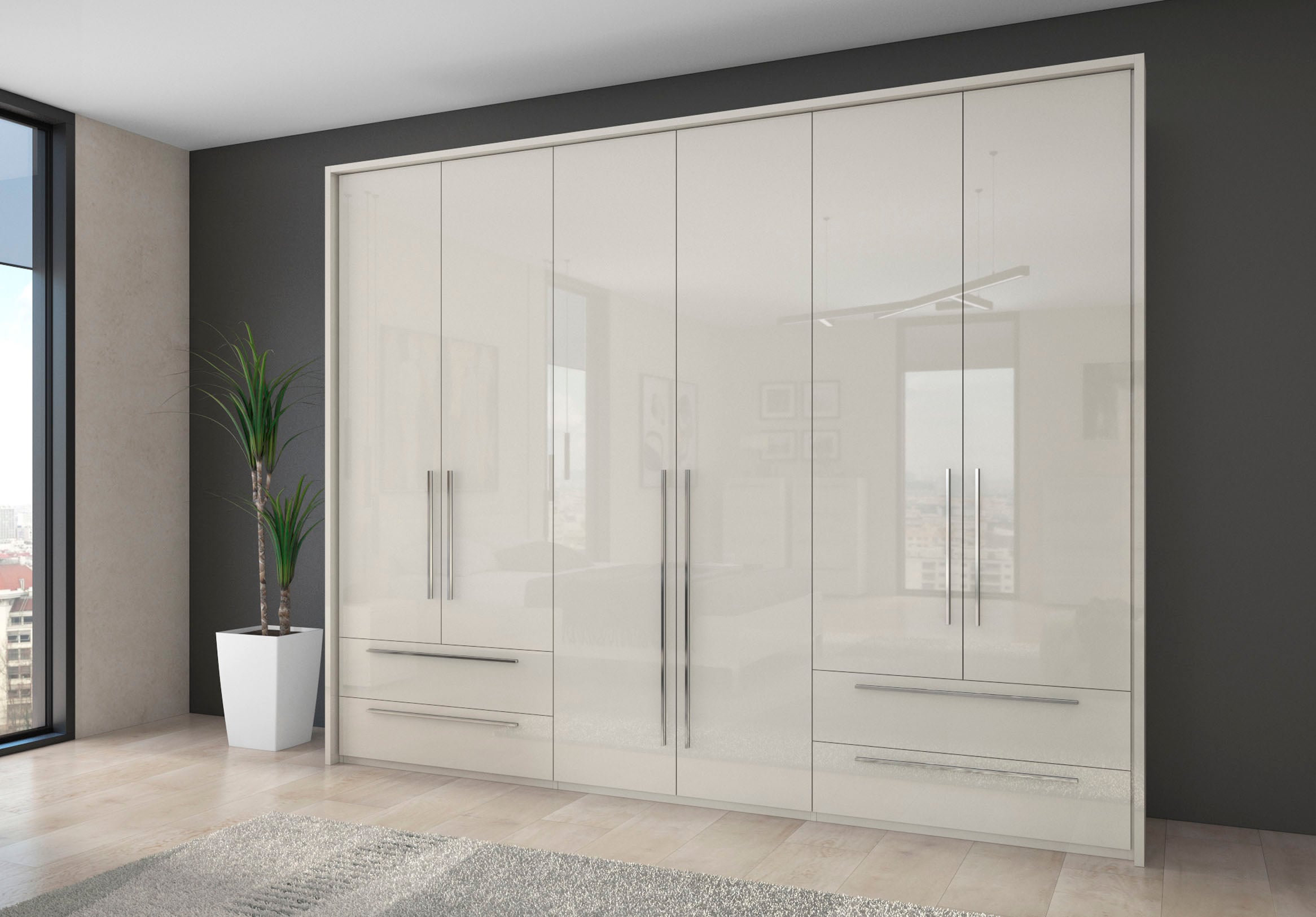 GOODproduct Drehtürenschrank »Piano, inklusive Rahmen und Beleuchtung, soft-close-Funktion« 277 oder 322cm breit, 226cm hoch, mit 4 Schubladen,  UV lackiert, hochglänzend weiss oder beige, FSC-zertifiziert