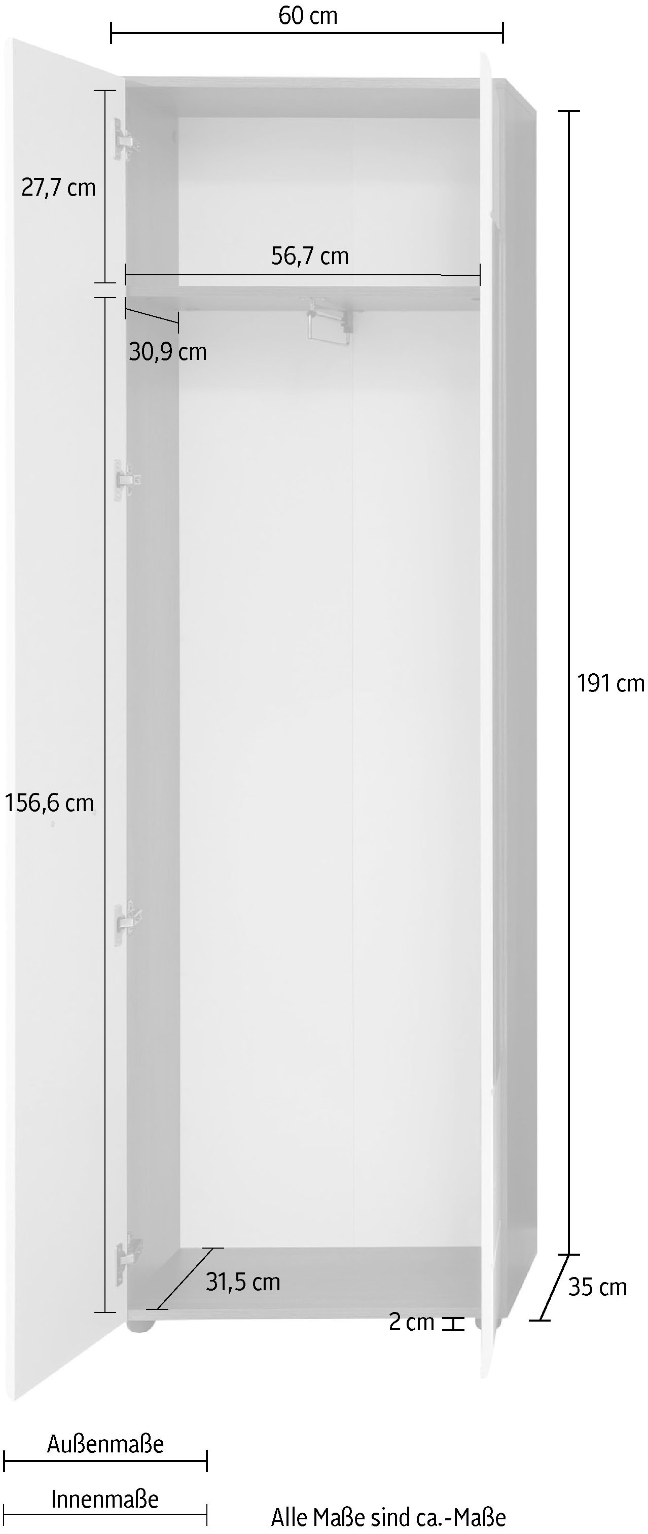 Home affaire Garderobenschrank »Sovana« Garderobenschrank mit 2 Türen & Spiegel - (B/T/H) 60/36/191 cm