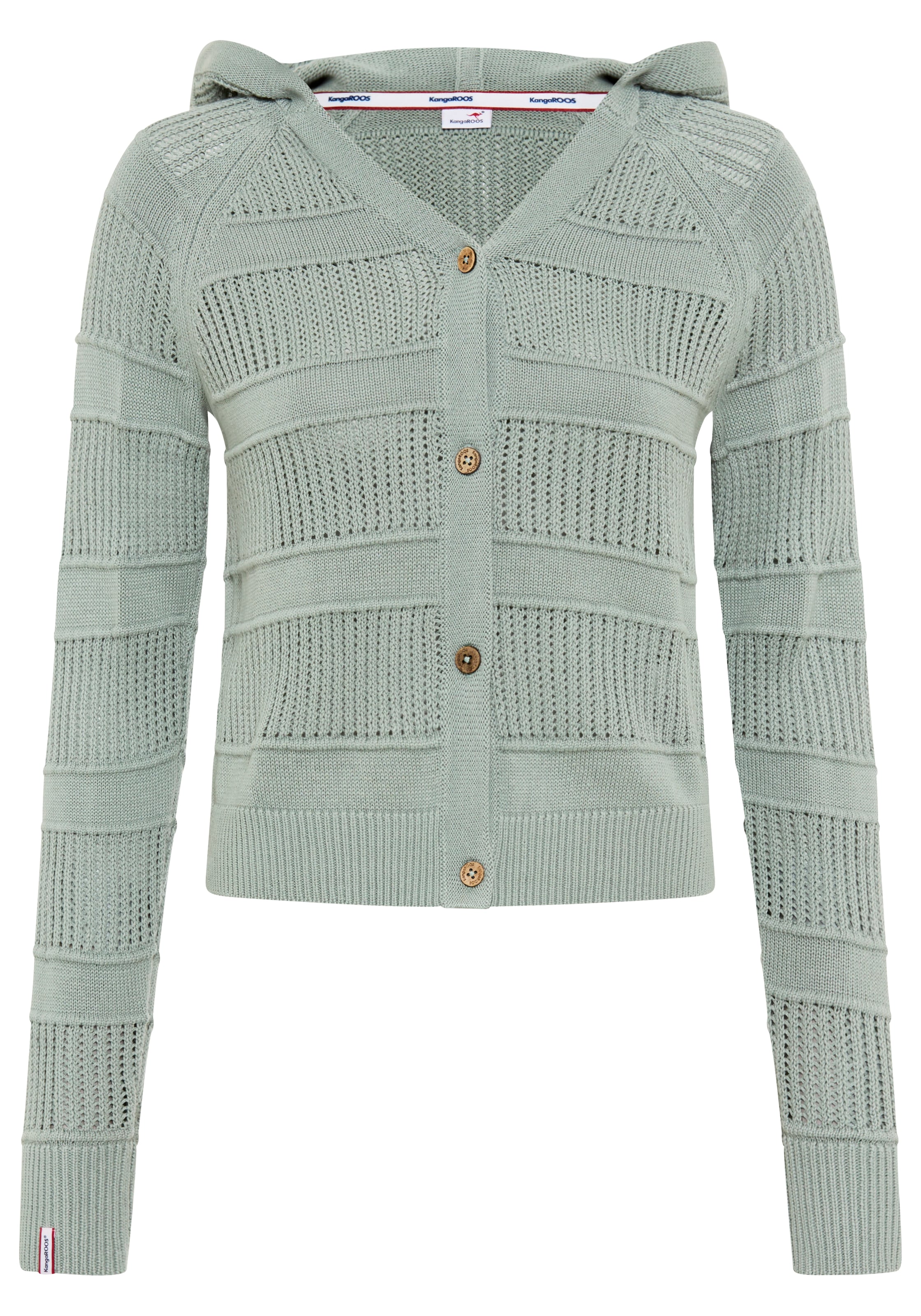 KangaROOS Ajourstrickjacke mit Kapuze, V-Ausschnitt mit Knopfleiste, aus Feinstrick, Langarm