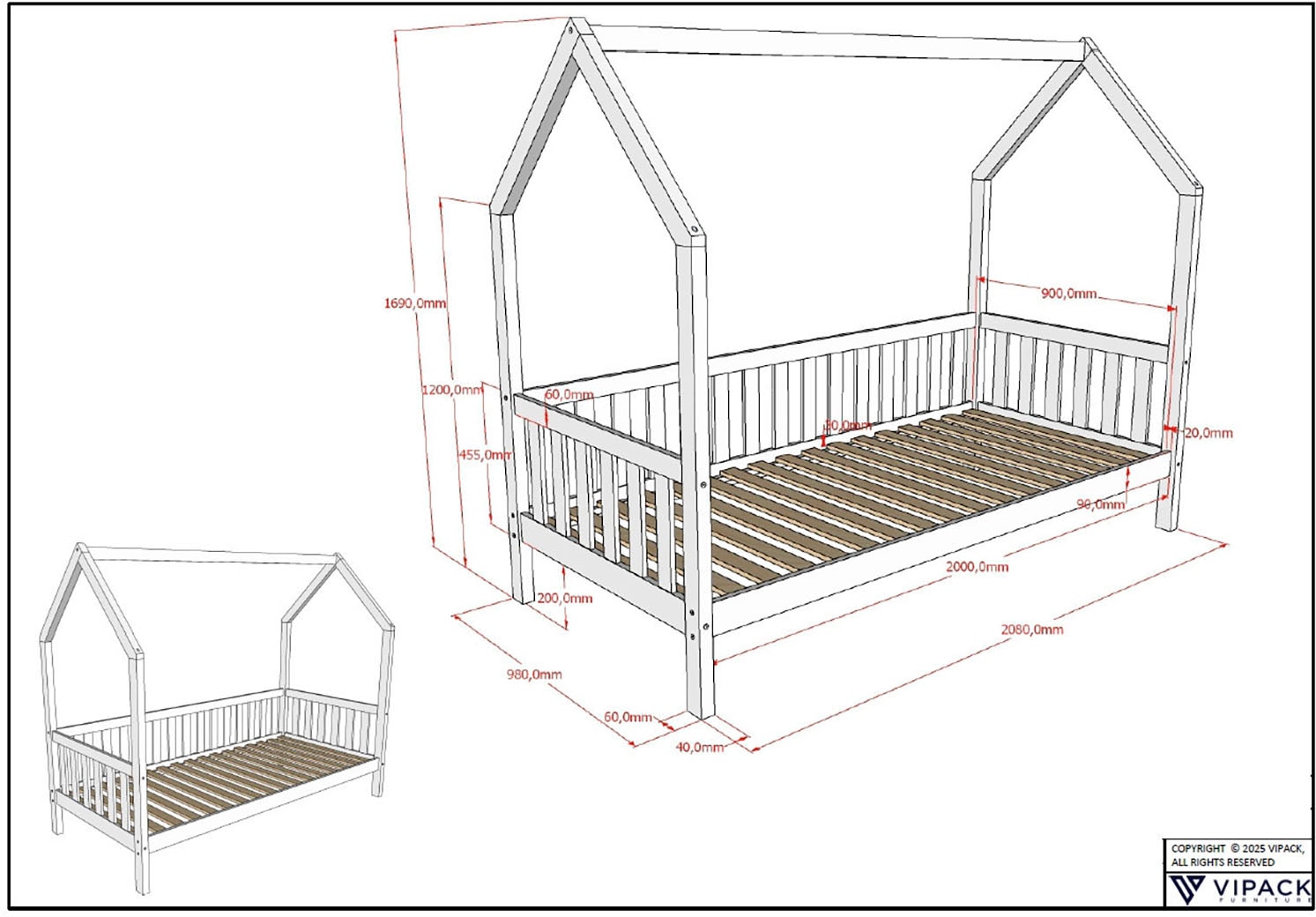 Vipack Hausbett »Cabane, mit Dachaufbau und Sprossenumrandung in Landhaus-Optik« (B/H/T ca. 208x169x98 cm) aus massiver Eiche, Oberfläche Natur,  sehr stabil und standfest gebaut inkl. Massivholz Rolllattenrost