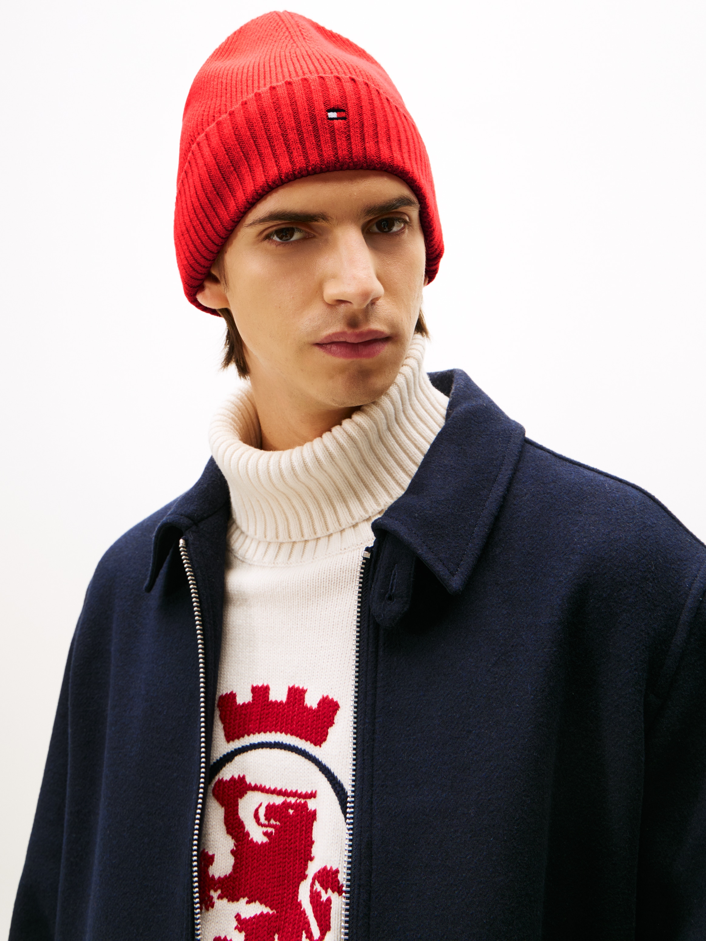 Tommy Hilfiger Strickmütze »TH FLAG PIMA COTTON BEANIE« Beanie mit Logostickerei, mit Kaschmiranteil Unisex