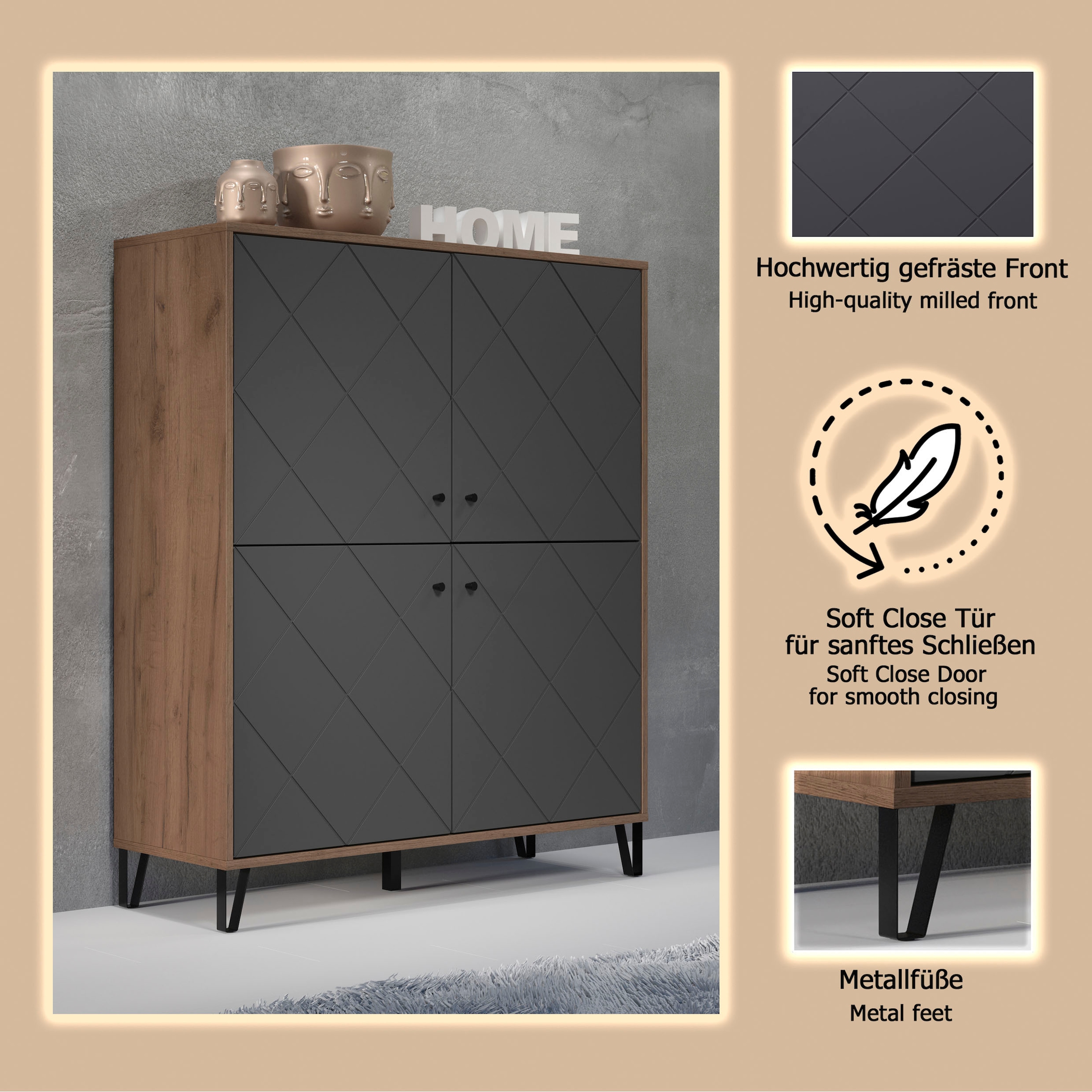 Home affaire Buffet haut »Molveno« 1 cuis tlg. Highboard mit 4 Türen & Soft-Close - (B/T/H) 123/40/136 cm