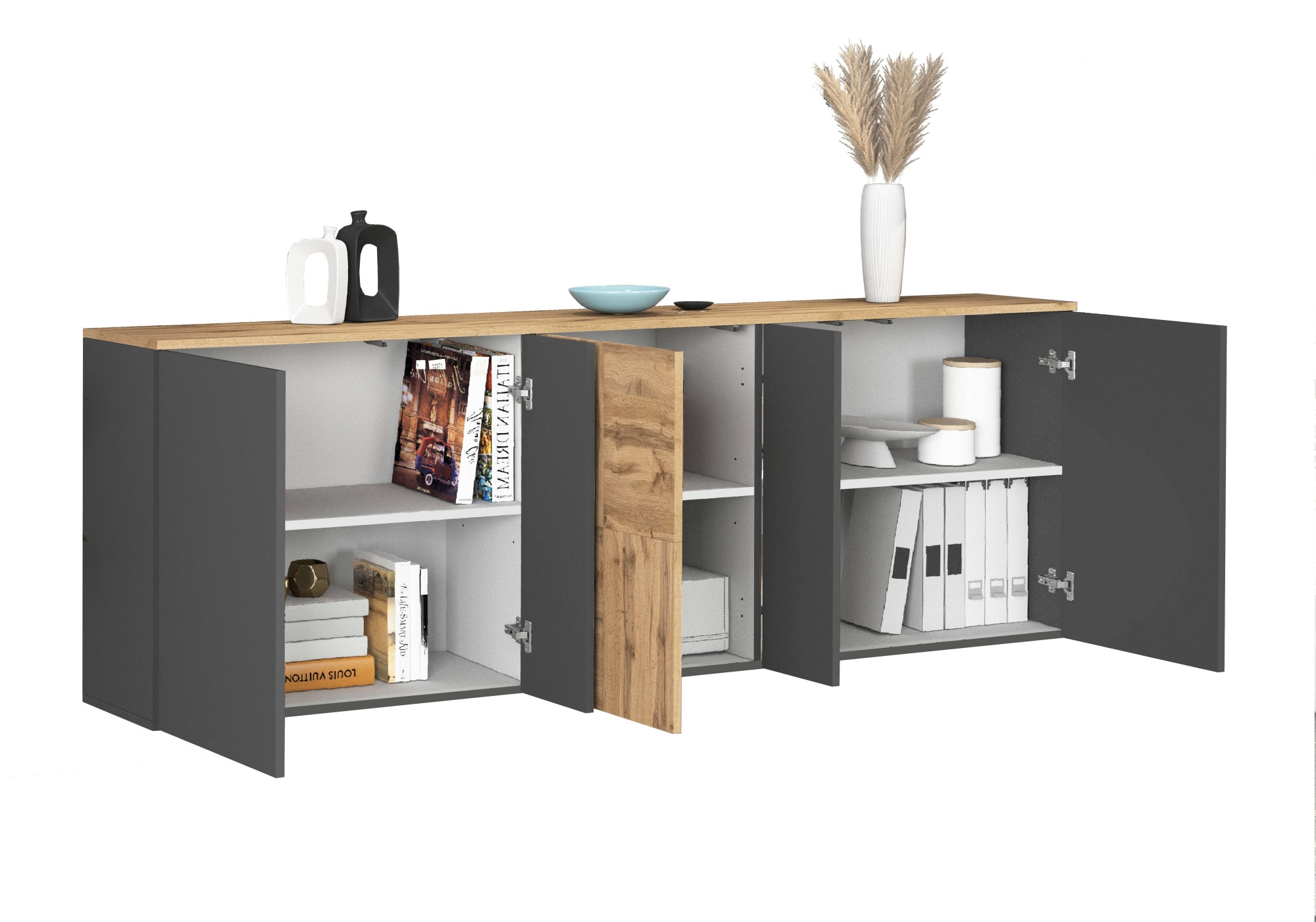 GOODproduct Sideboard »ISEO, Kommode, Schrank, Sideboard, Lowboard, 6 Fächer, Breite 200 cm« 1 cuis tlg. stehend/hängend, 5 Türen, 6 Fächer, Breite 200 cm