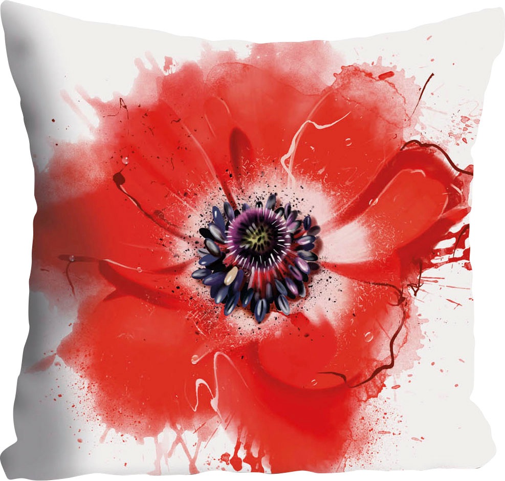 queence Dekokissen »Vicky« Kissenhülle,Weisser Hintergrund,Mohnblumen,Florales Design,Zart,Rot