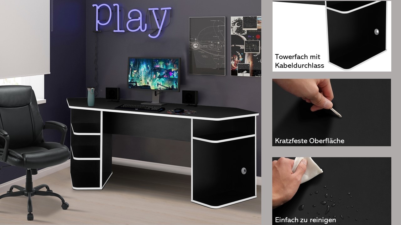 GOODproduct Gamingtisch »Game, Computertisch, Eckschreibtisch« , Towerfach, Kabeldurchlass, asymetrisches Design, Breite 180 cm