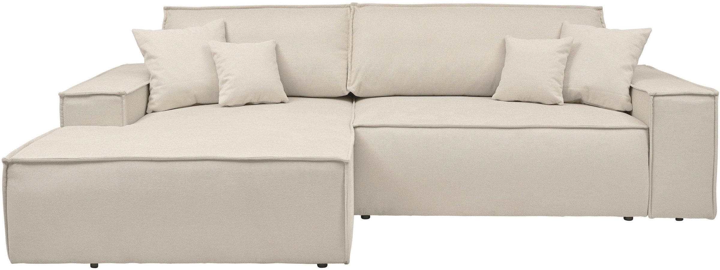 andas Ecksofa »FINNLEY Schlafsofa 267 cm, L-Form mit Schlaffunktion & Bettkasten« verfügbar in den Stoffqualitäten Bouclé, Struktur fein und Mega Cord