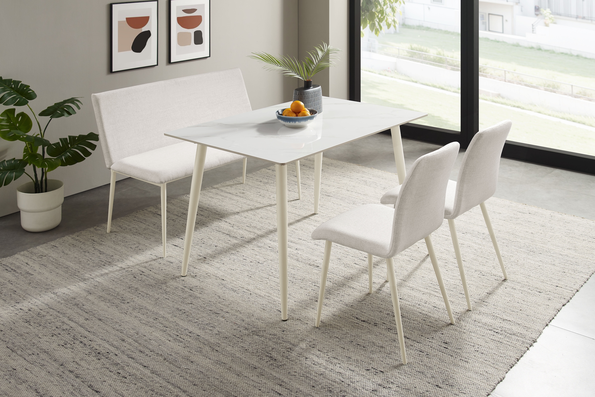 GOODproduct Ensemble de salle à manger »Kryce« Set, 120 cm Esstisch + 2 Stühle + Bank, 4 cuis tlg. Strukturstoff, robustem Metallgestell, Tischplatte aus Sinterstein