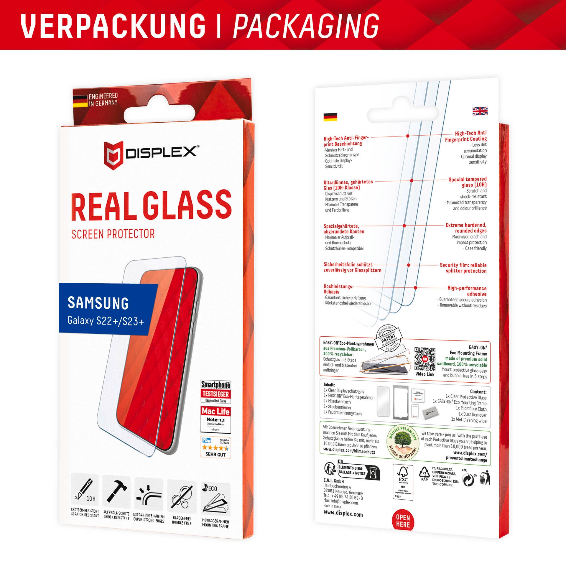 Displex Verre de protection d'écran »Real Glass - Samsung Galaxy S22+/S23+« Displayschutzfolie Displayschutz kratzer-resistent 10H splitterfest