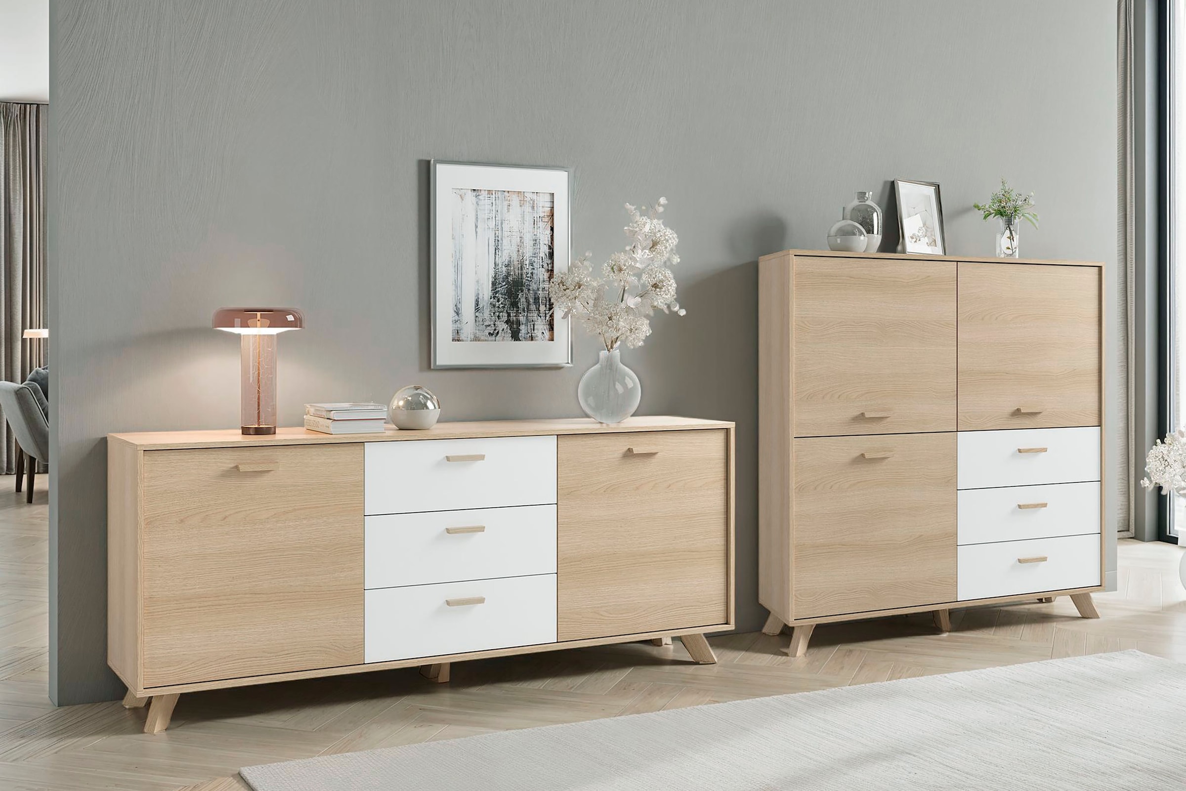 byLIVING Buffet haut »Bastian« 1 cuis tlg. mit massiven Holzfüssen und Griffen, natürlicher Eichenlook, 120cm