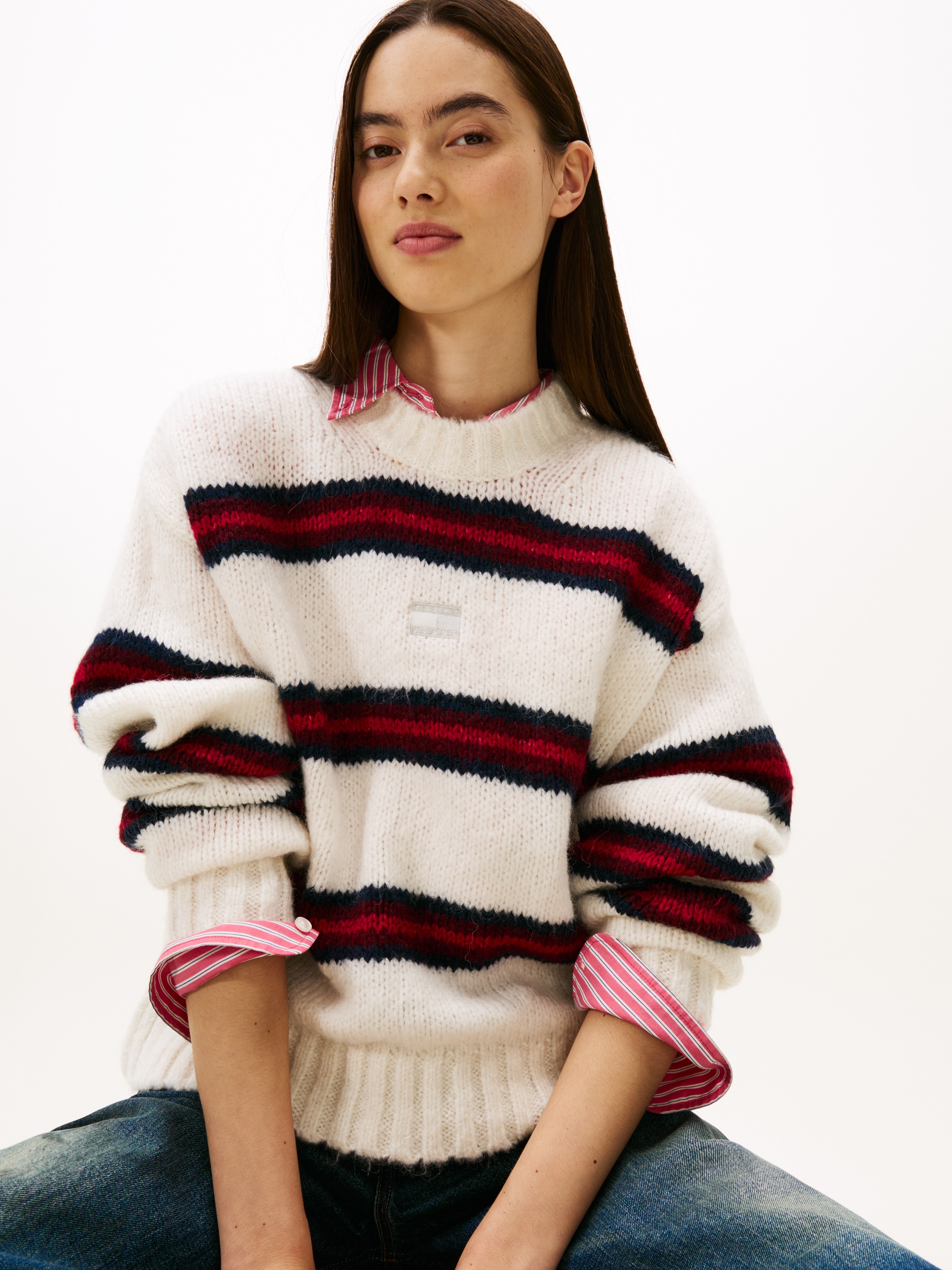 Tommy Jeans Rundhalspullover »TJW BADGE STRIPE FLUFFY SWEATER« mit Alpaka
