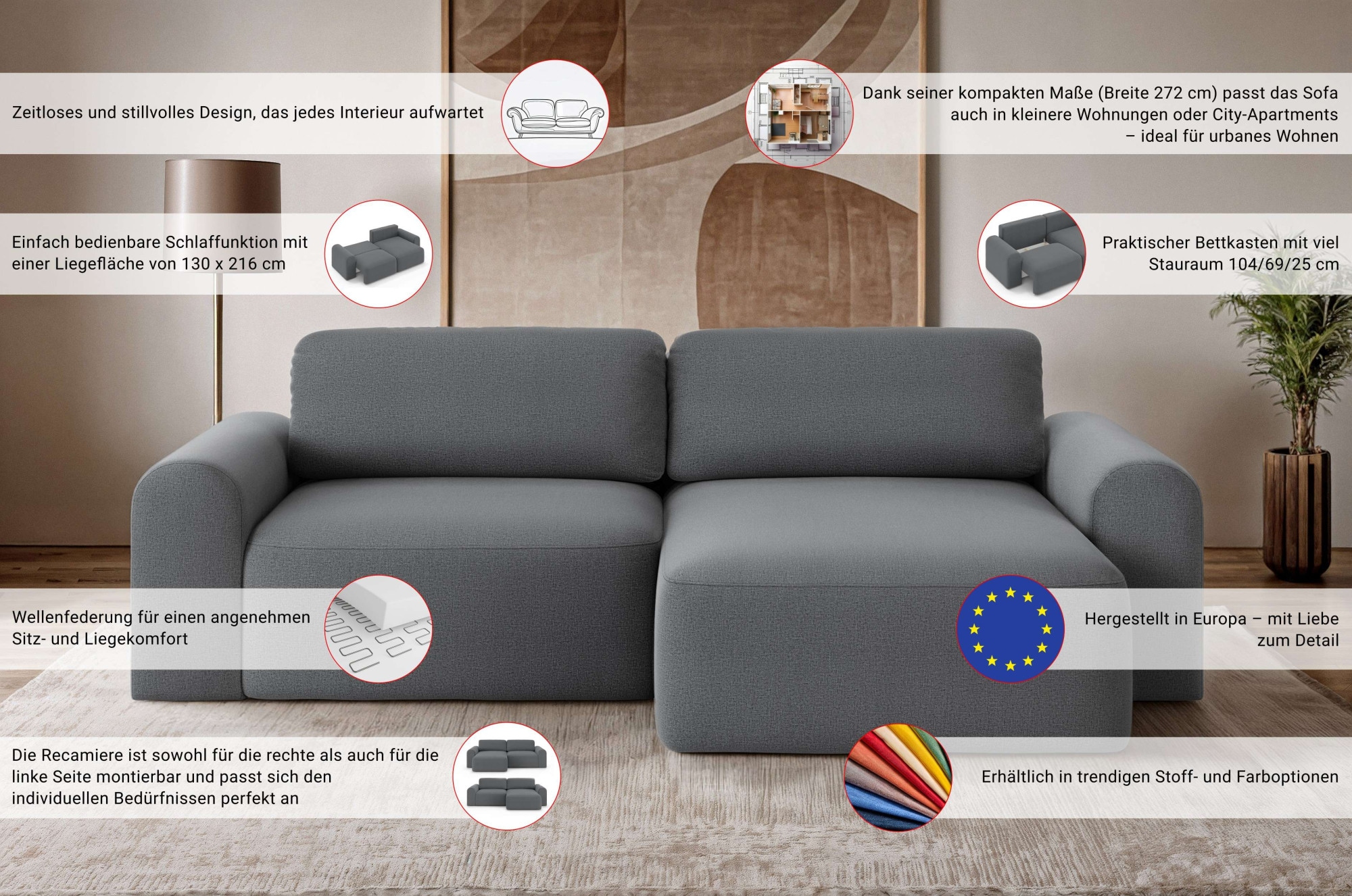 GOODproduct Canapé d'angle »LEOO universell Schlafsofa mit Bettkasten, Masse B/T/H: 272/152/84,5 cm« L-Form mit Recamiere rechts oder links montierbar, hoher Sitzkomfort