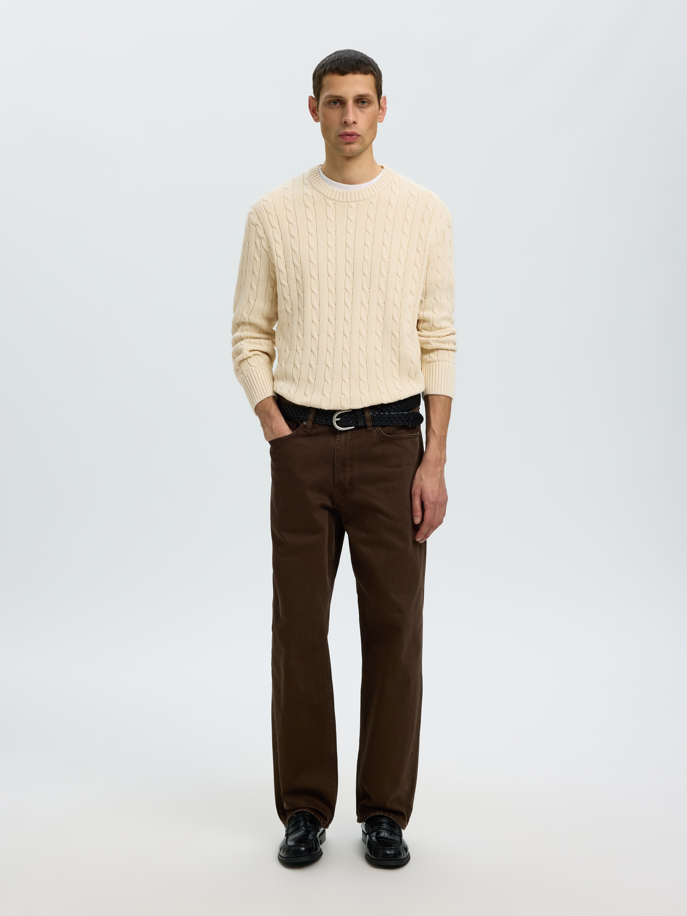 SELECTED Pull à col rond »SLMBRAUN KNIT CABLE CREW NOOS« coton, coupe décontractée