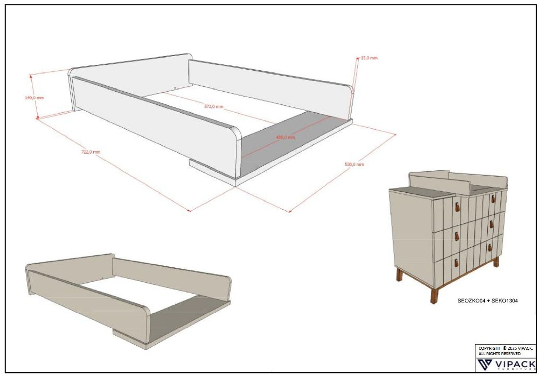 Vipack Commode à langer »Sezane mit Front in Rillen-Optik, Griffschlaufen und Wickelaufsatz« bis 11 kilos mDF peint couleur argile, boucle de poignée marron, socle couleur noyer 98,5 cm