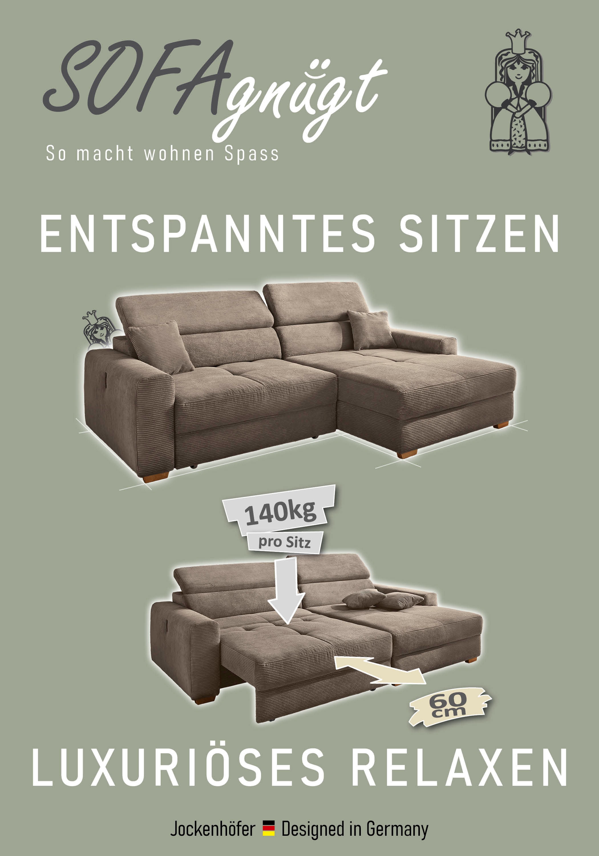 Jockenhöfer Gruppe Ecksofa »Slider L-Form, B: 277 cm Couch, 60cm elektrische Sitztiefenverstellung« 140kg Belastbarkeit, USB-Anschluss, Kopfteilverstellung & Zierkissen