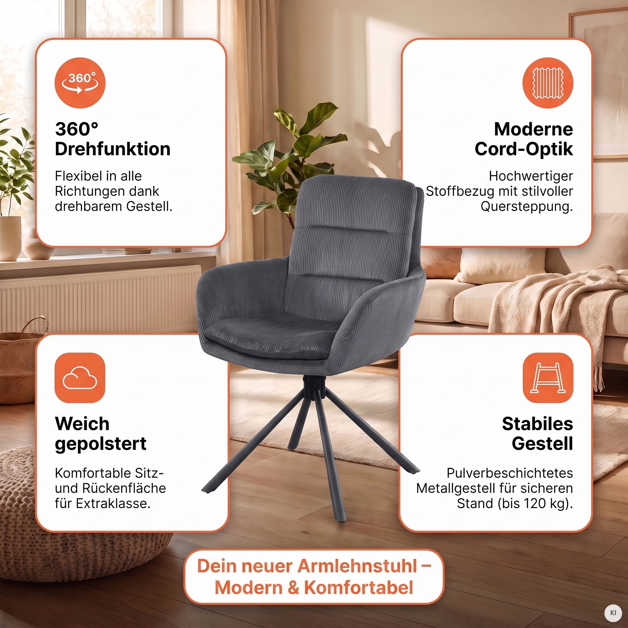 SalesFever Chaise de salle à manger »Pizzo Eleganter Armlehnstuhl« () 1 cuisfauteuil de salle à manger en velours côtelé avec rotation 360°
