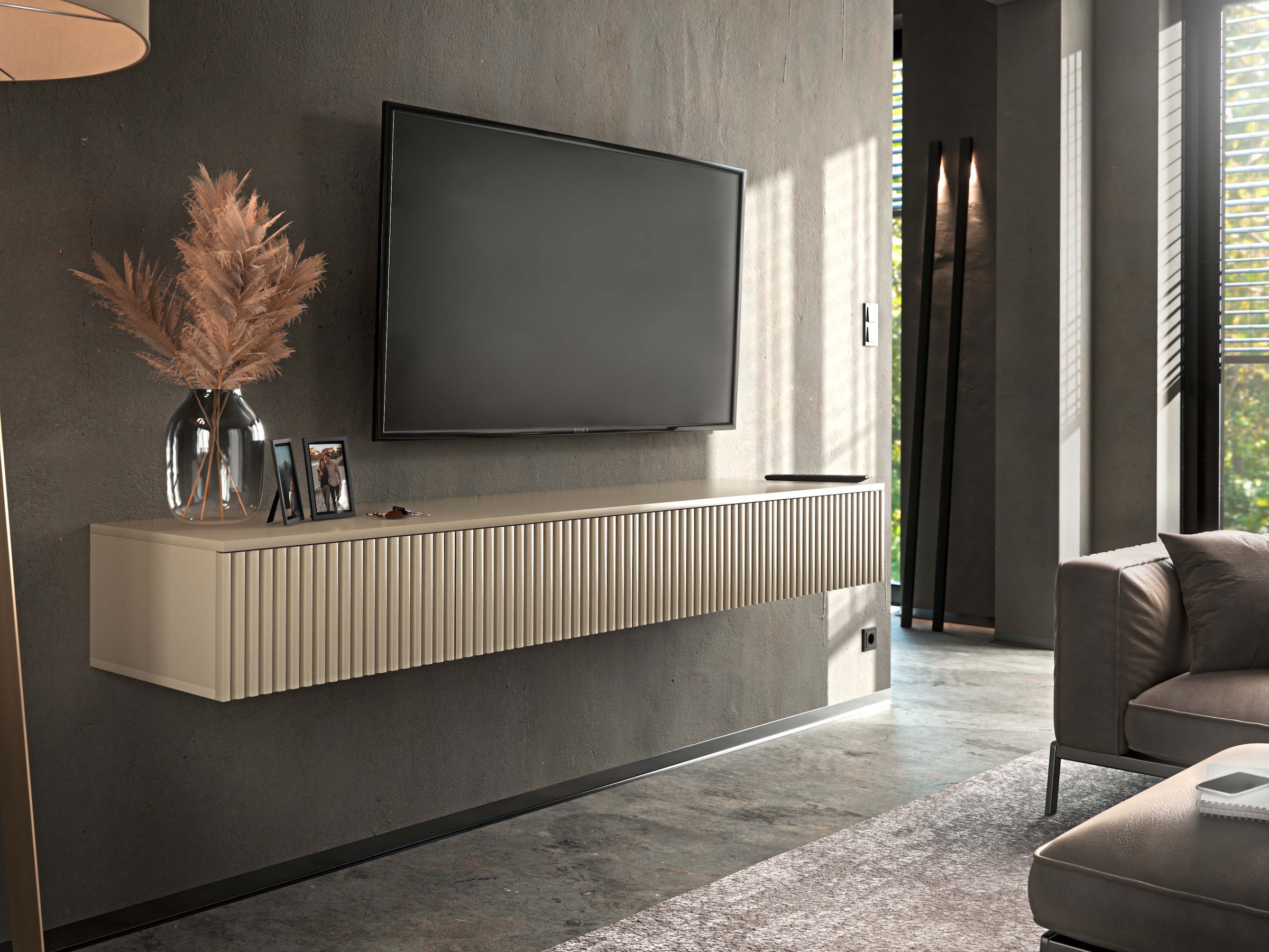 HBZ Table basse »Lowboard Lanai, hängend, mit moderner Rillenoptik« 1 cuis tlg. Largeur 180cm, revêtement mélaminé, ouverture par pression