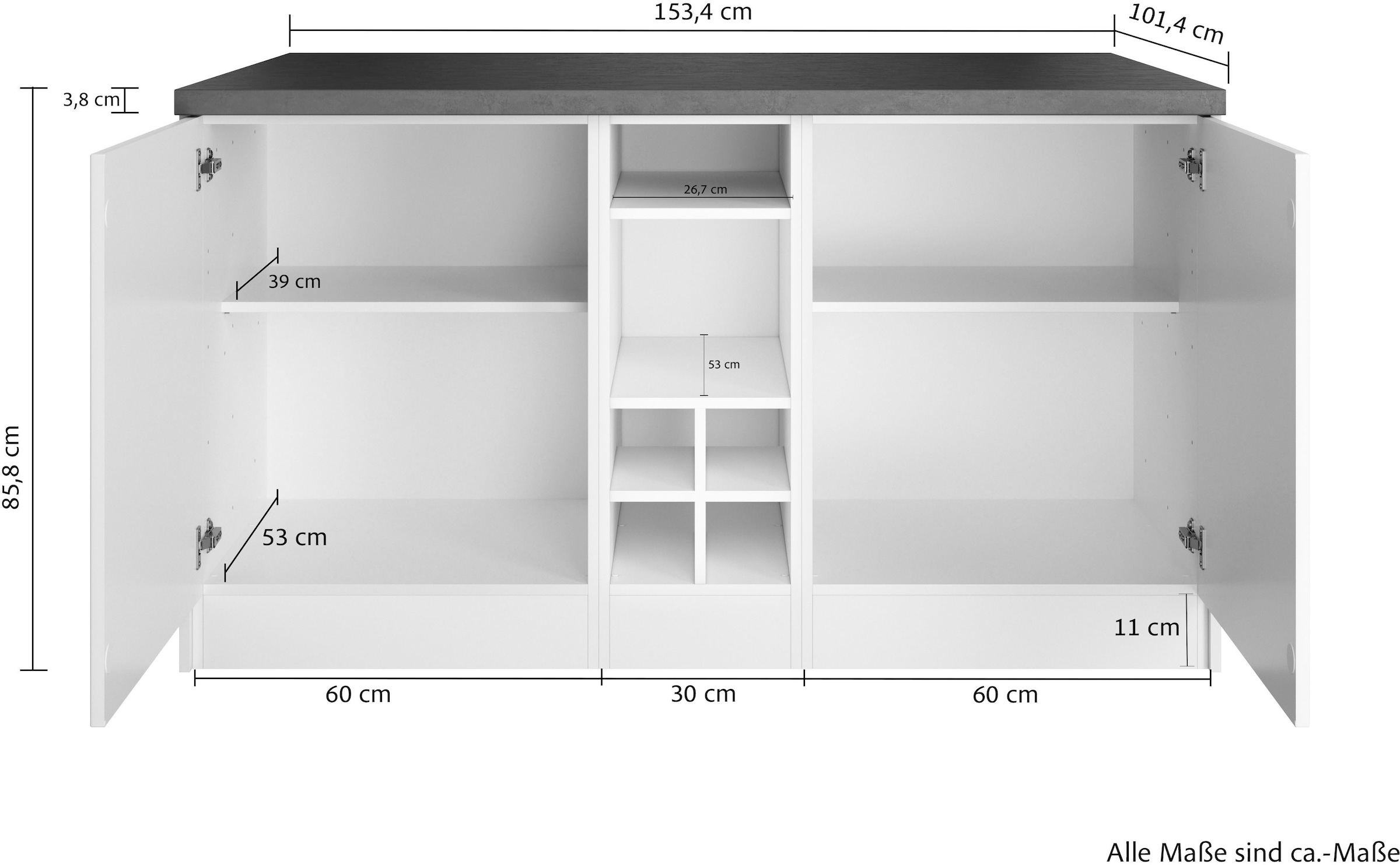 KOCHSTATION Ilot de cuisine »KS-Lani, Breite 153 cm, mit Flaschenregal« façades MDF, plan de travail épaisseur 38mm