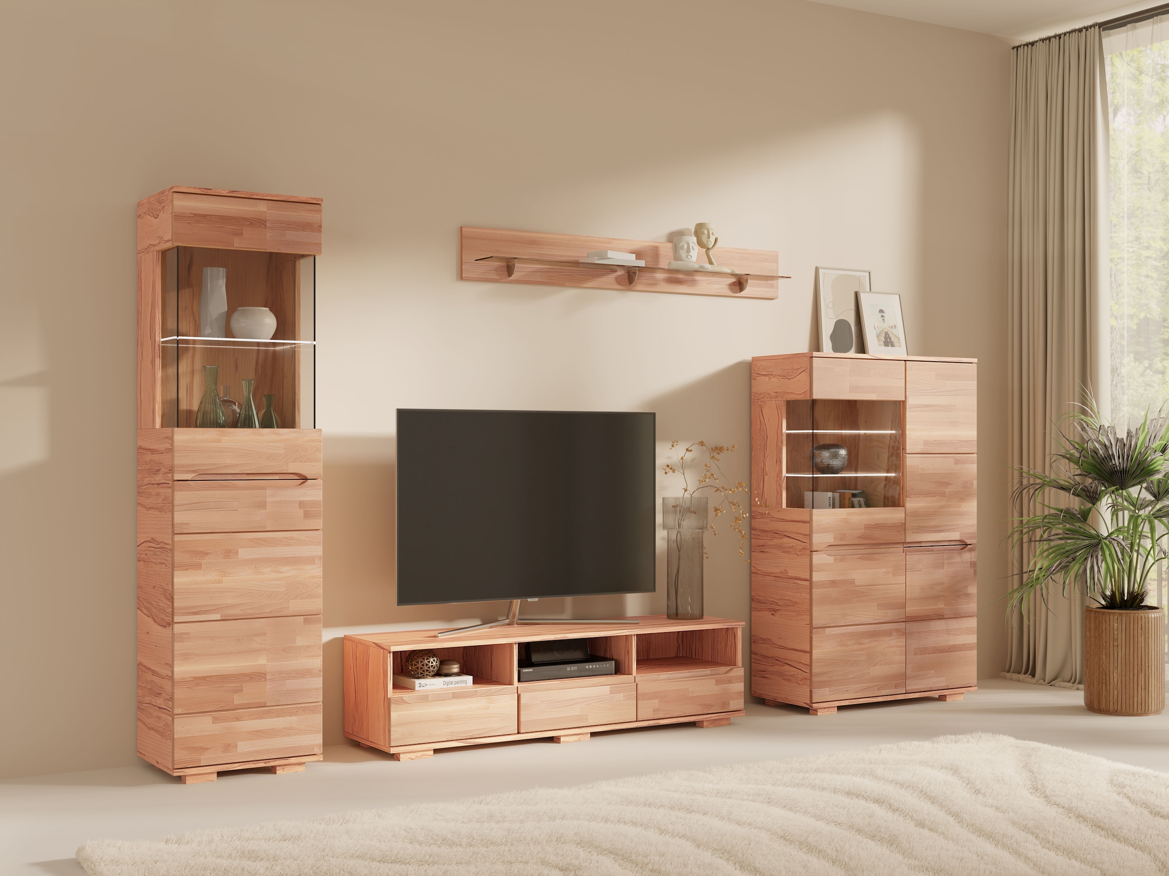 GOODproduct Lowboard »VETRO Teilmassiv, Fronten Massivholz, Wohnzimmer, Stauraum,Griffmulde« B/T/H:150/40/40 cm, 3 Schubladen, 3 offene Fächer, kabeldurchführung