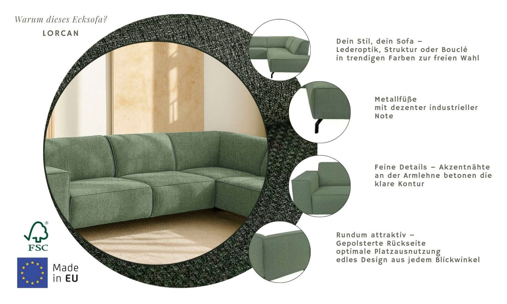 Home affaire Canapé d'angle »LORCAN mit Metallfüssen, Breite 275 cm, weiches Sitzgefühl« pieds métal, aspect cuir, structure, bouclé