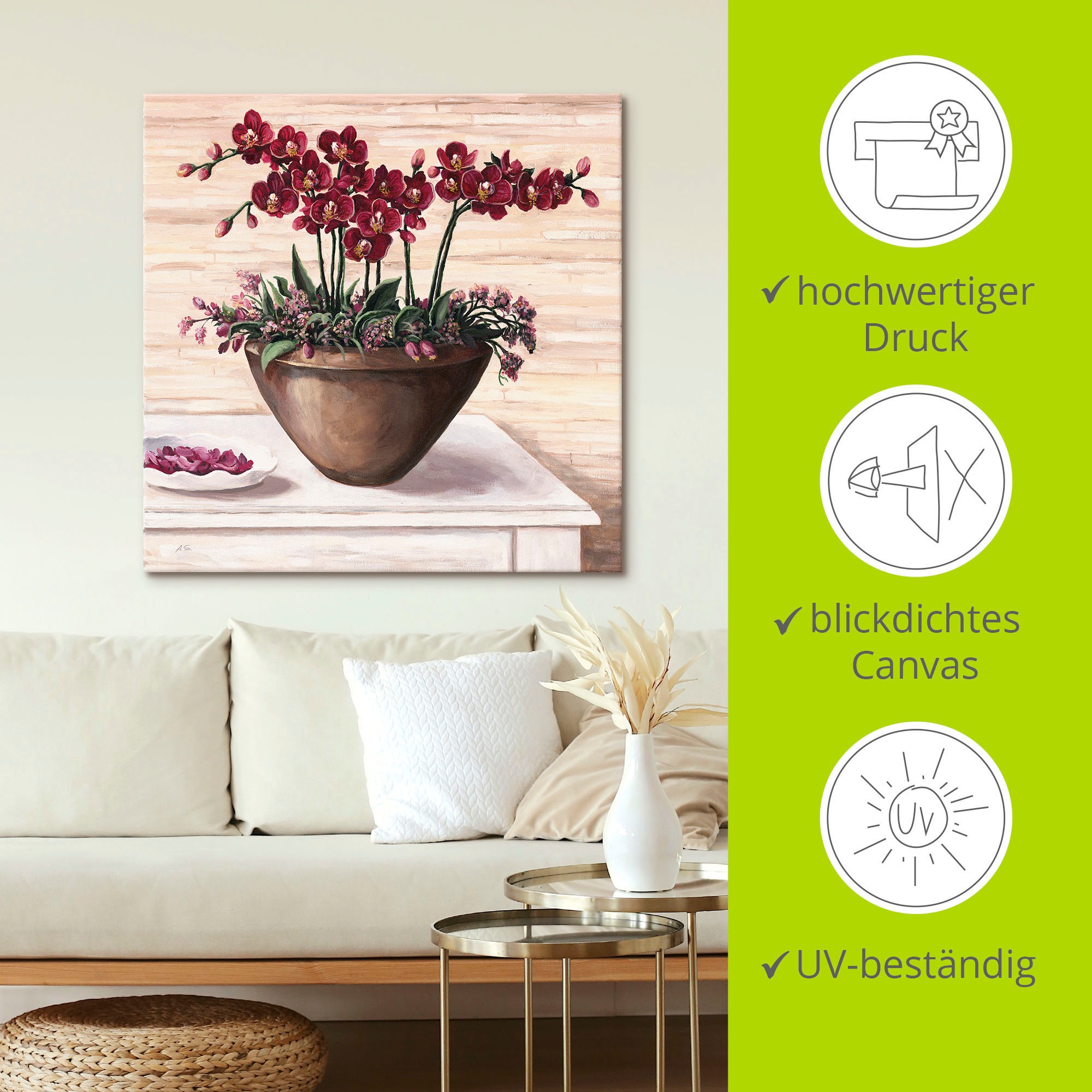 Artland Tableau sur toile »Orchideen in Bordeaux« 1 cuis tlg. als Alubild, Outdoorbild, Leinwandbild, Wandaufkleber, versch. Grössen