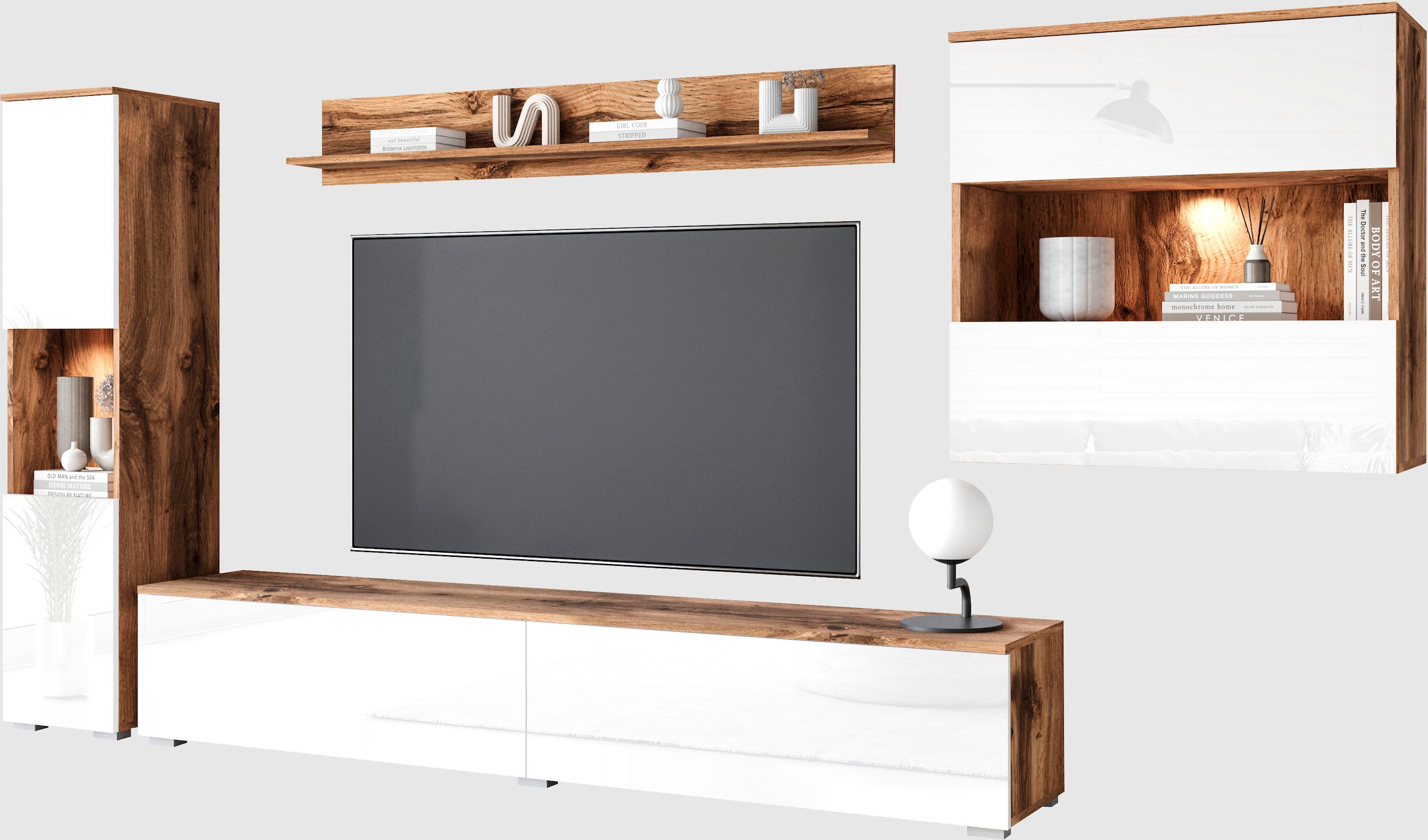 GOODproduct Wohnwand »PARIS, Vitrine Türanschlag links/rechts wechselbar« Komplett-Set, 4 Stk. tlg.