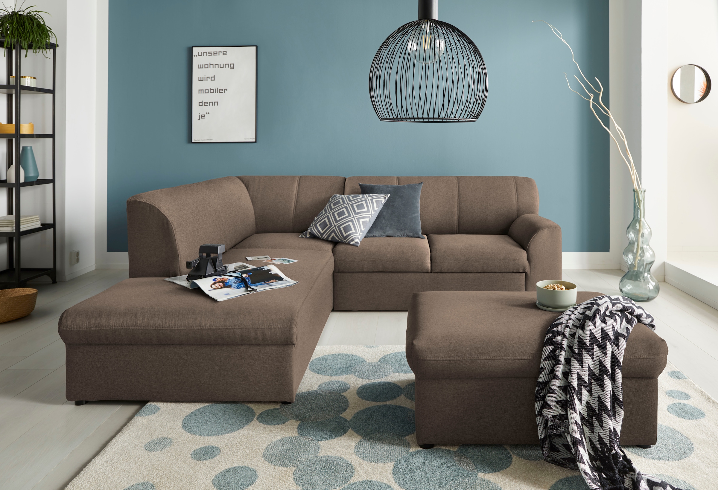 DOMO collection Canapé d'angle »Topper zeitlos elegant, kompakte StellmasseL-Form« avec ottomane, fonction couchage en option