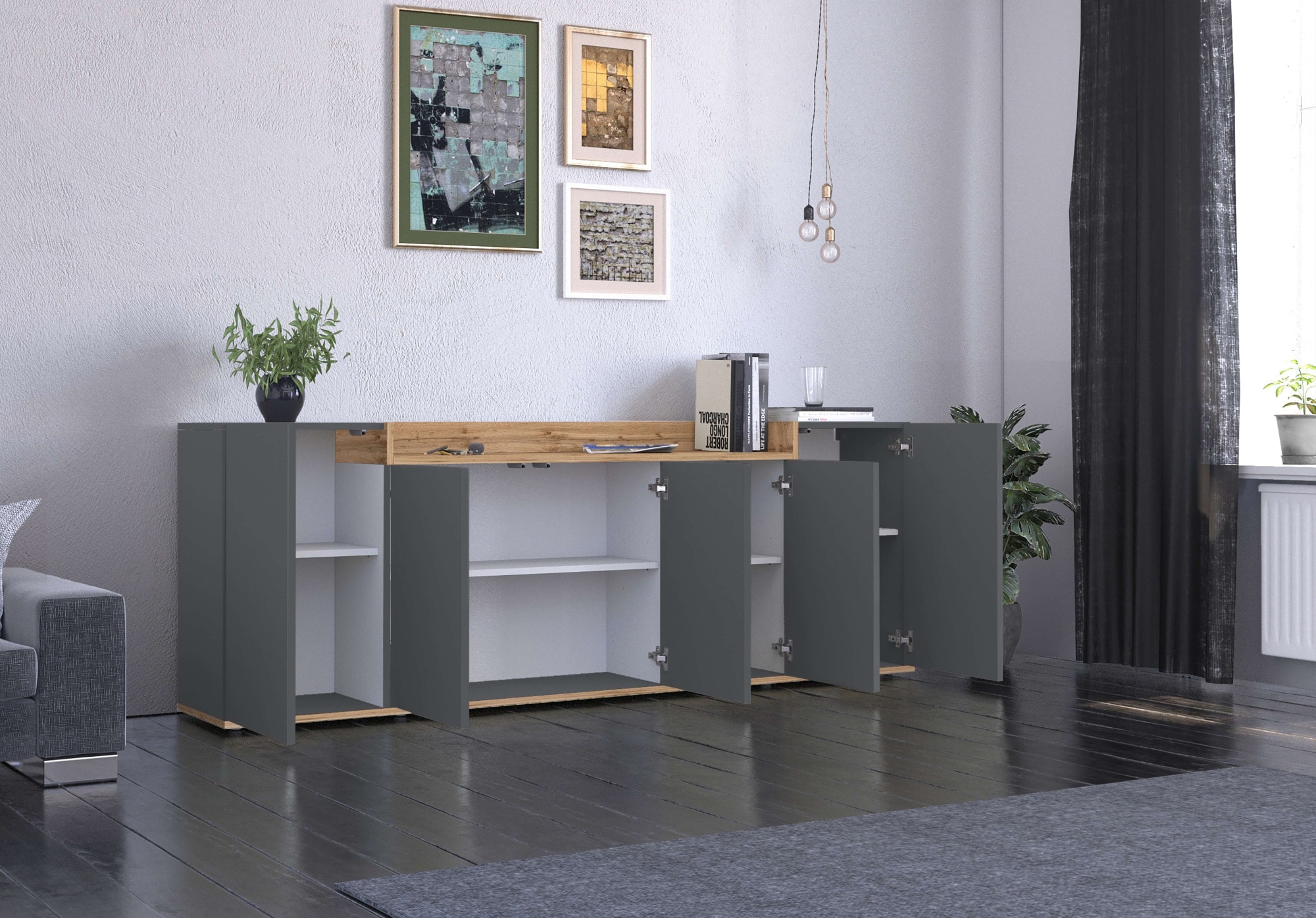 GOODproduct Sideboard »BOLSENA, Kommode, Schrank,Lowboard mit 8 Fächer und offenes Ablagefach« 1 Stk. tlg. stehend/hängend montierbar, Made in Italy, B/T/H: 200 × 35 × 71,2 cm