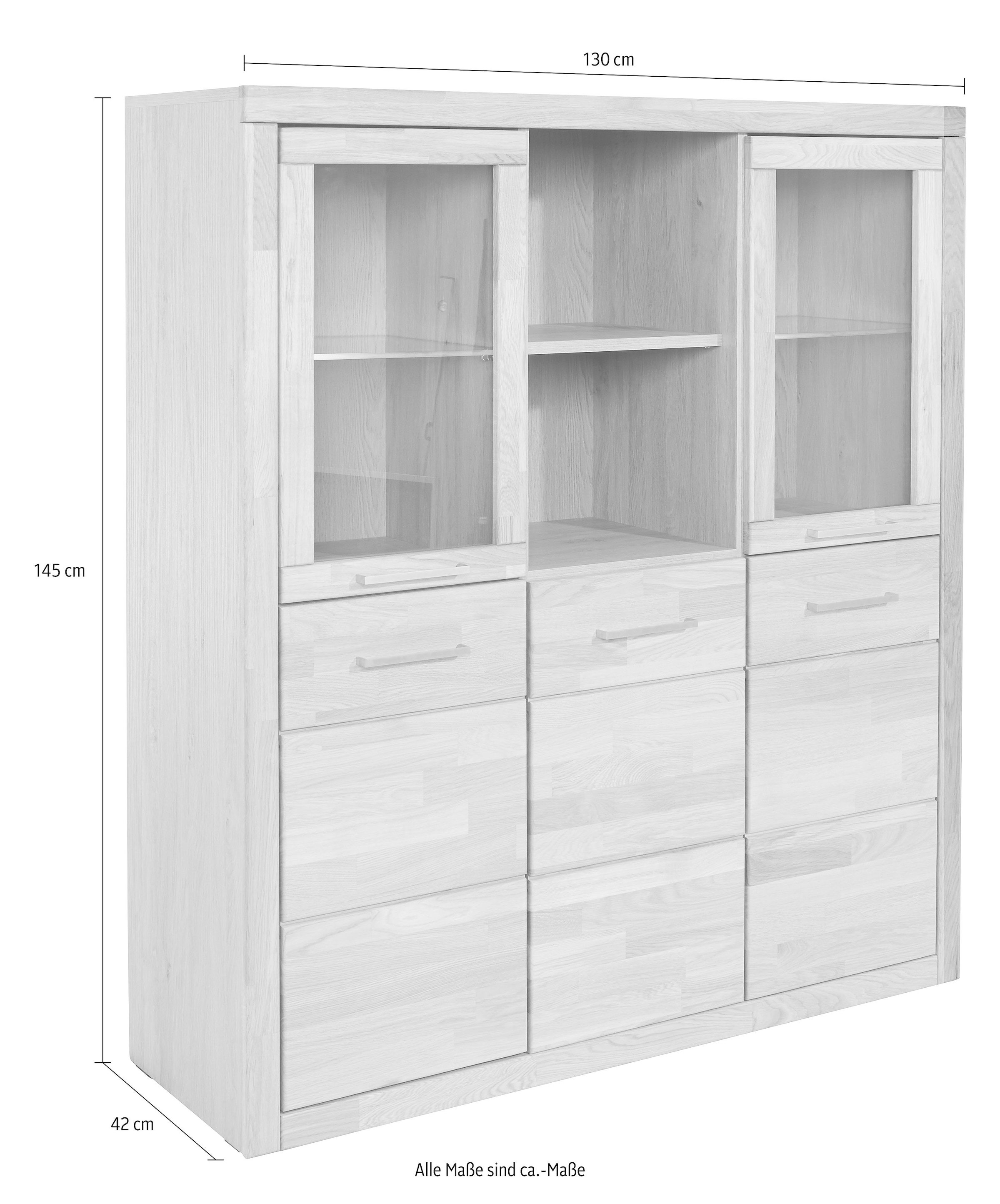 Home affaire Highboard »Trondheim,130cm breit,42 cm tief, Fronten Holzmassiv, Metallgriffe« Korpus aus Holzwerkstoff,4 Türen,12 Fächer, Böden teilweise versetzbar