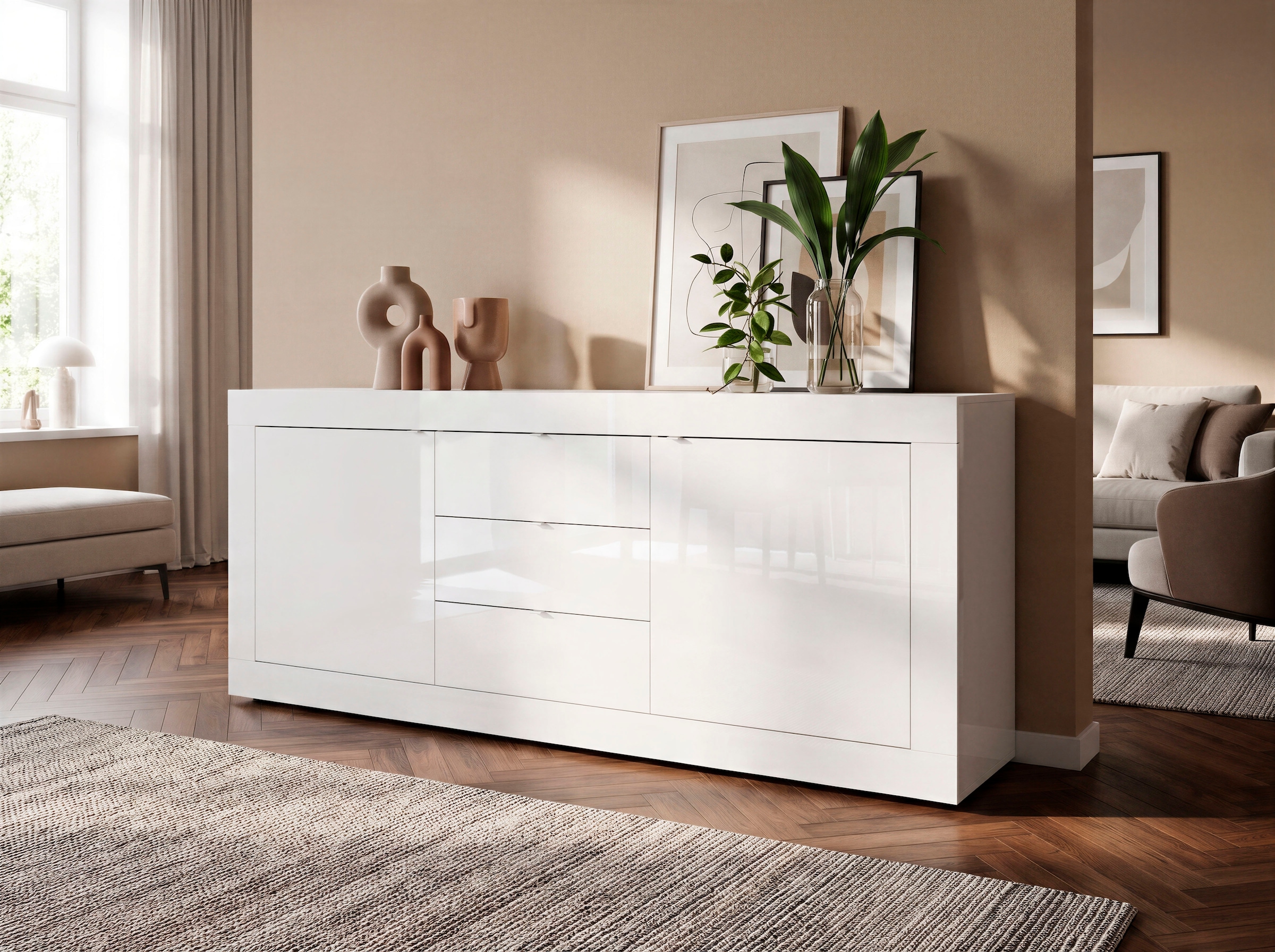 Home affaire Buffet »Basic Breite 210 cm, Kommode 2 Türen, 3 Schubkästen, Anrichte,« poignée en métal, design moderne du cadre, grand espace de rangement, choix de couleurs