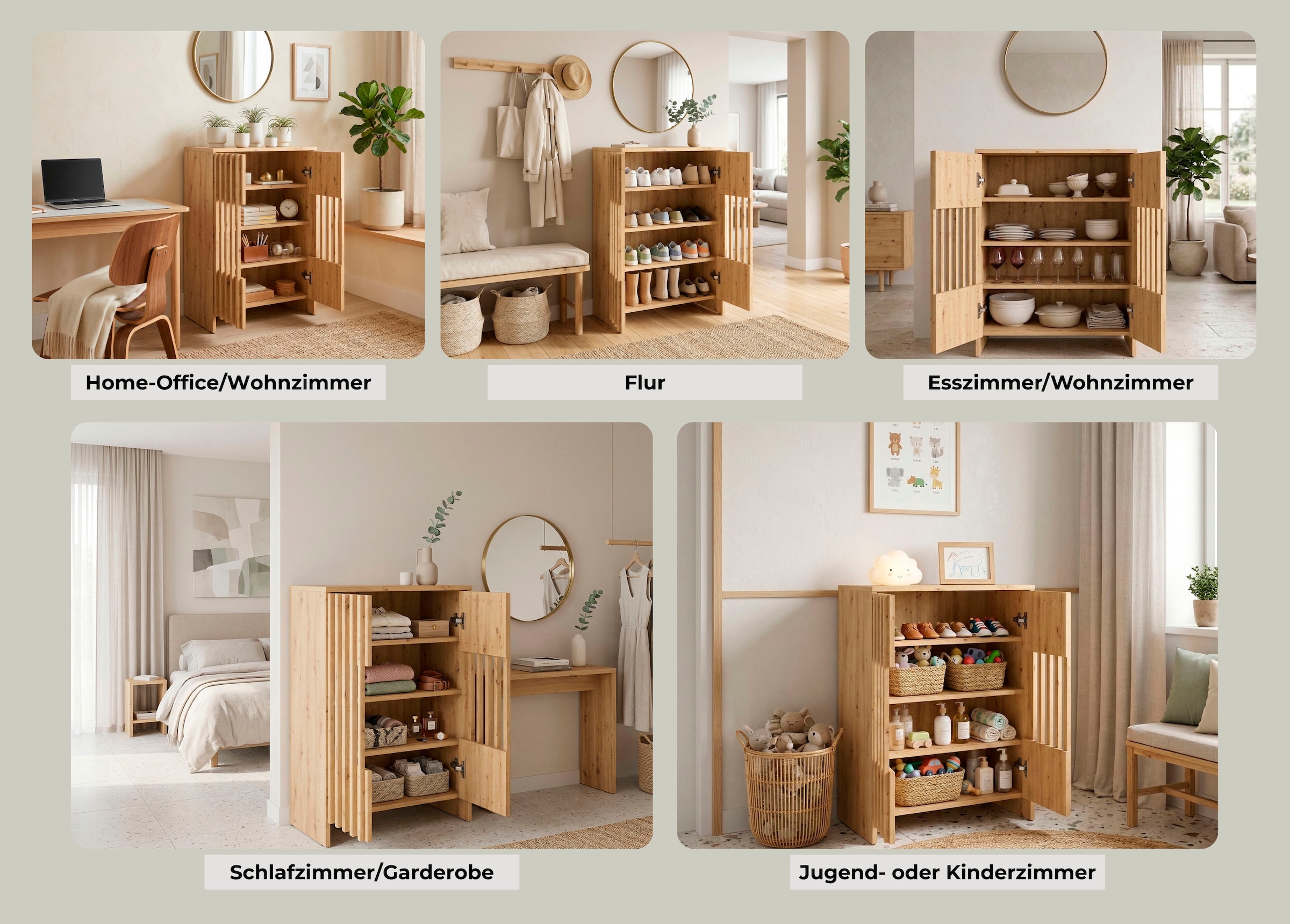 Home affaire Armoire multi-usages »MURET, multifunktionale Kommode, 4 Fächer und 2 Türen, Lamellenfronten« Masse B/T/H: 60/35,4/87 cm,  Kommode mit viel Stauraum, Masse B/T/H: 60/35,4/87 cm