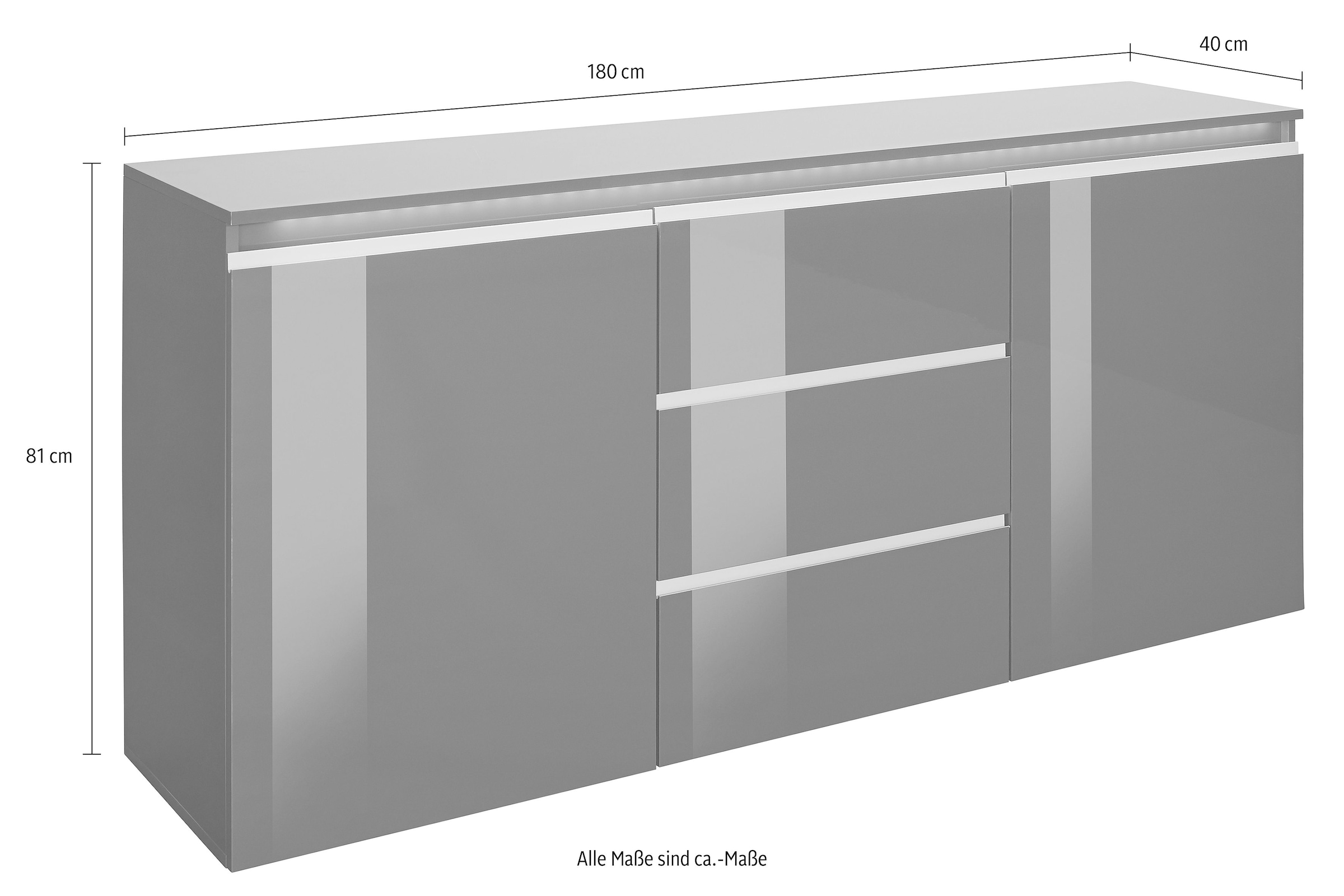 Home affaire Sideboard »Magic, Kommode, Schrank, Stauraumschrank« mit 2 Türen und 3 Schubkästen Hochglanz lackiert (B/T/H) 180x40x81 cm